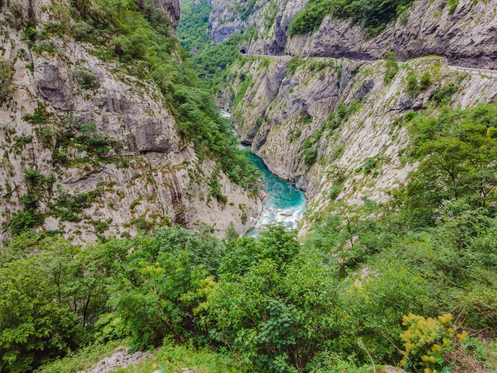 The purest waters of the turquoise color of the river Moraca flowing among the canyons. Travel around Montenegro concept.