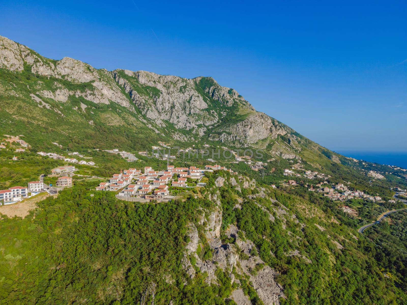 Panoramic view of the city of Budva, Montenegro. Beautiful view from the mountains to the Adriatic Sea.