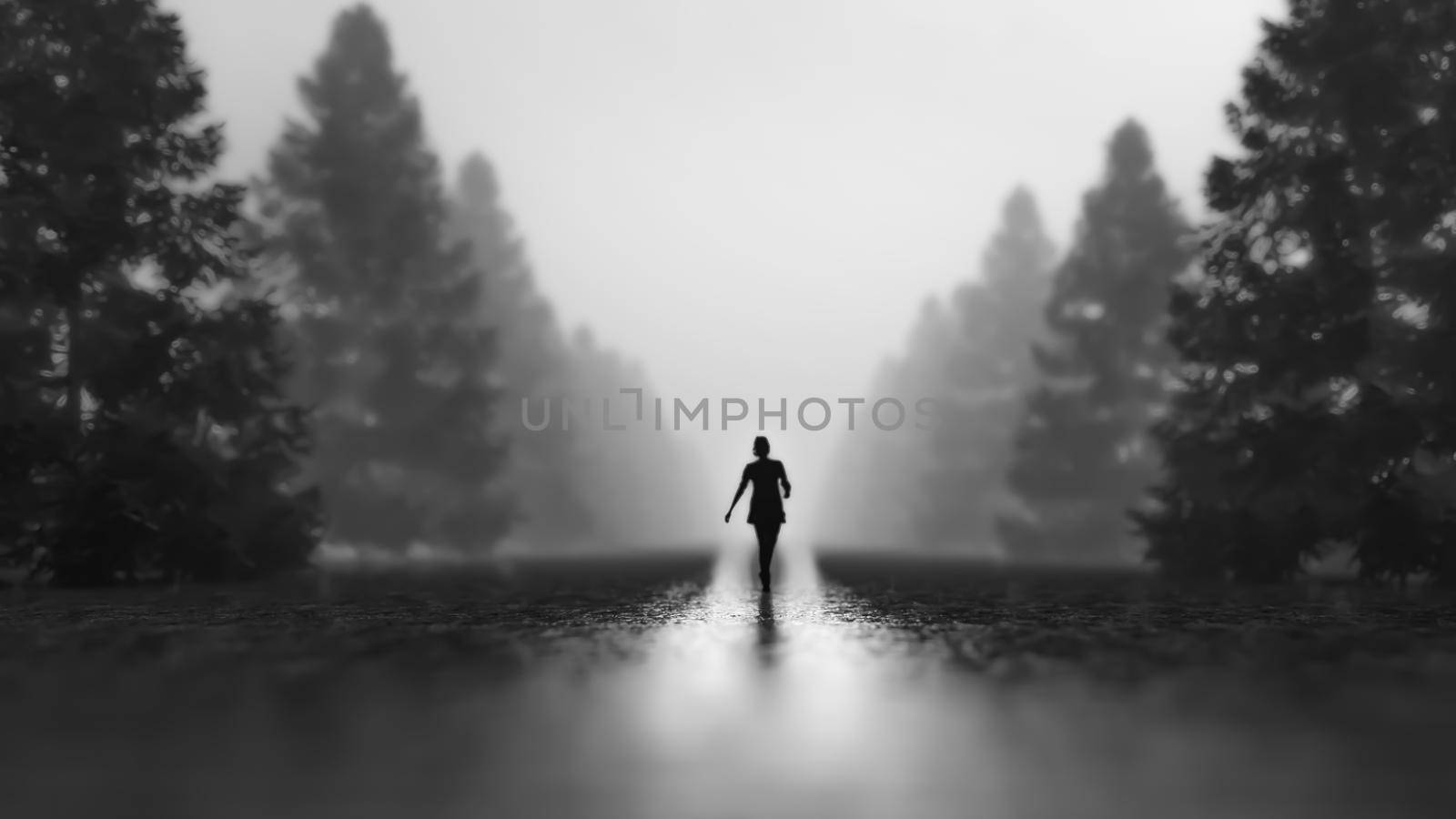 3D rendering illustration of a woman walks alone in the forest