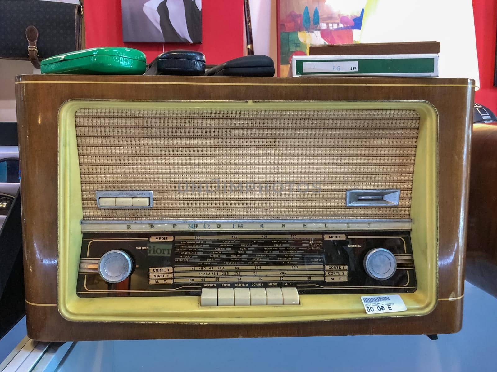 VERONA, ITALY - AUGUST 16, 2019: Vintage old radio Marelli in a second hand shop