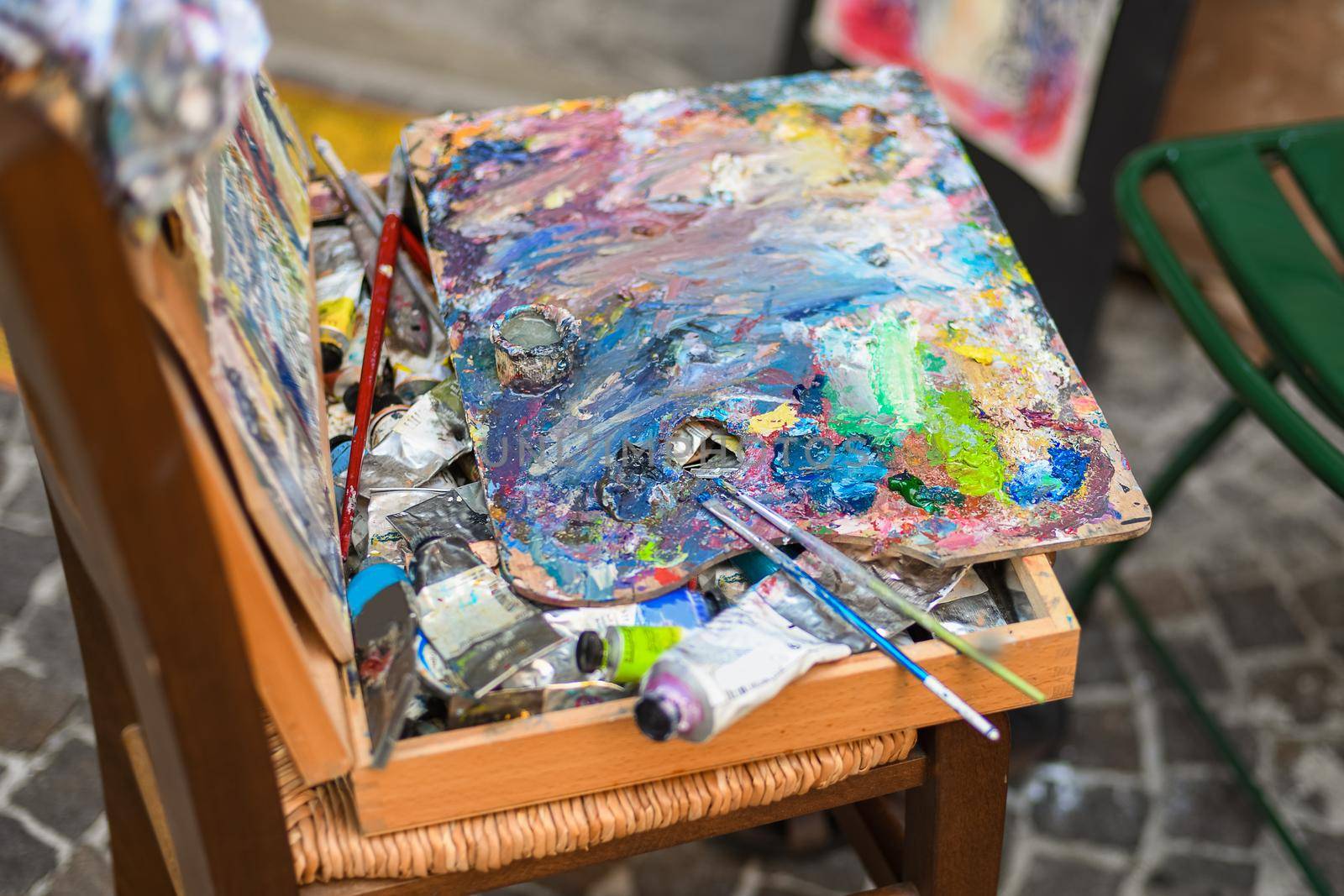 Paint strokes on the artist's palette
