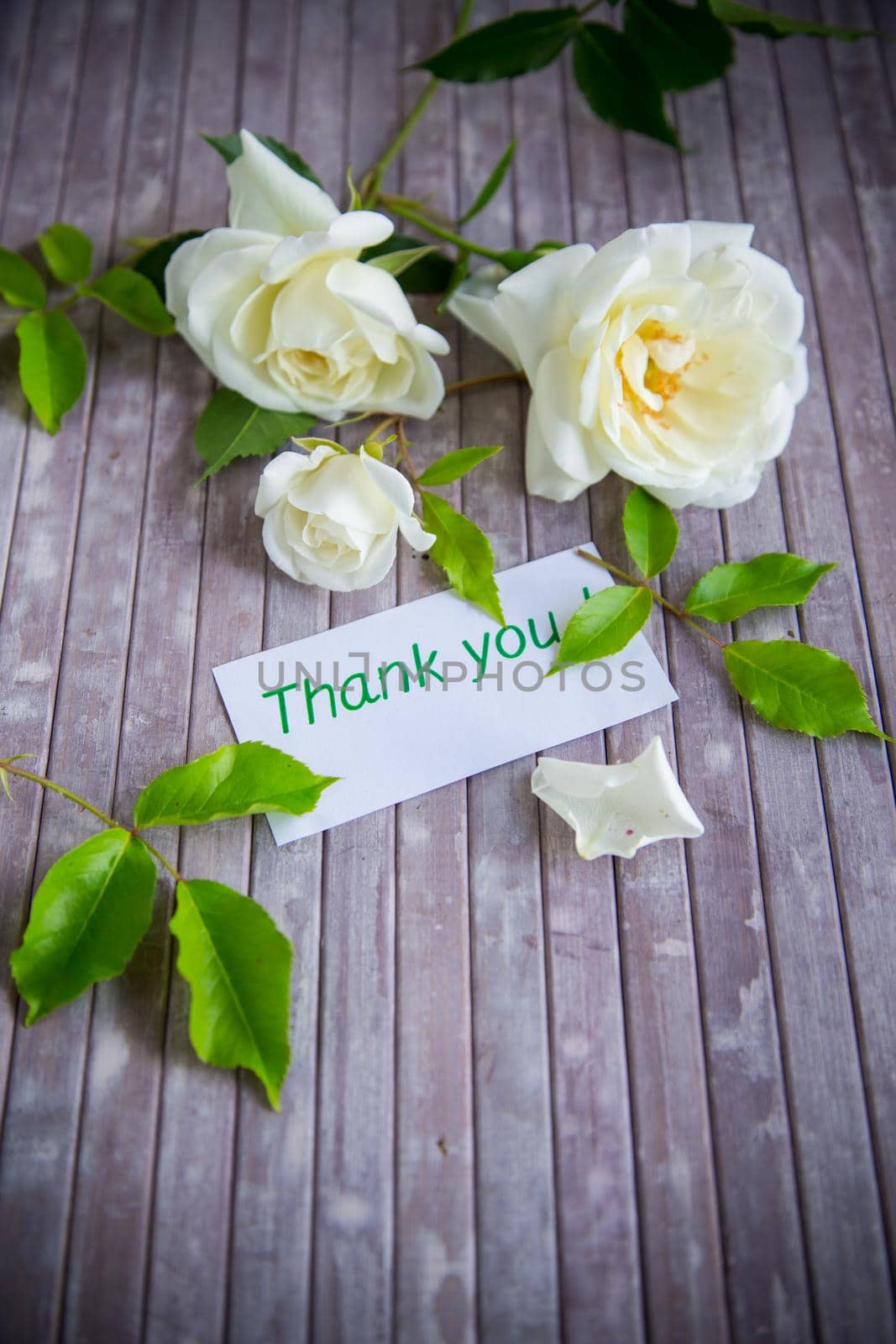 small bouquet of beautiful white summer roses, on a wooden table