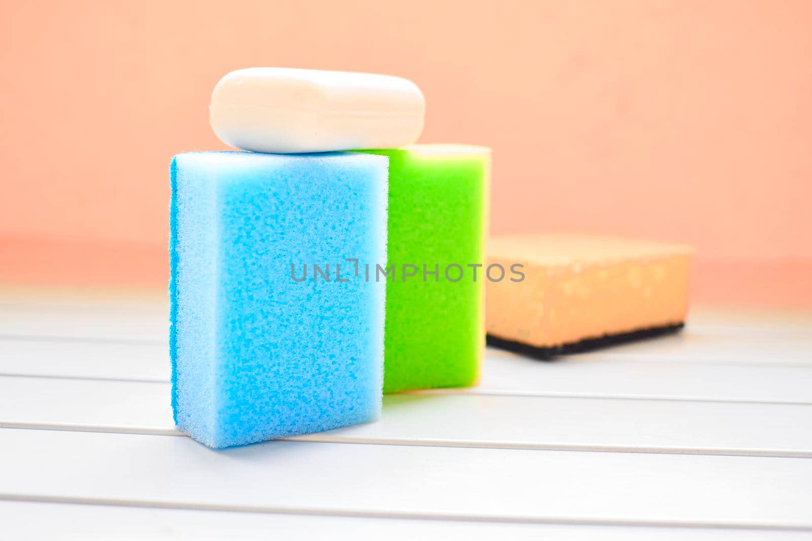 Universal kit for washing anything. Three synthetic sponges and white soap by jovani68