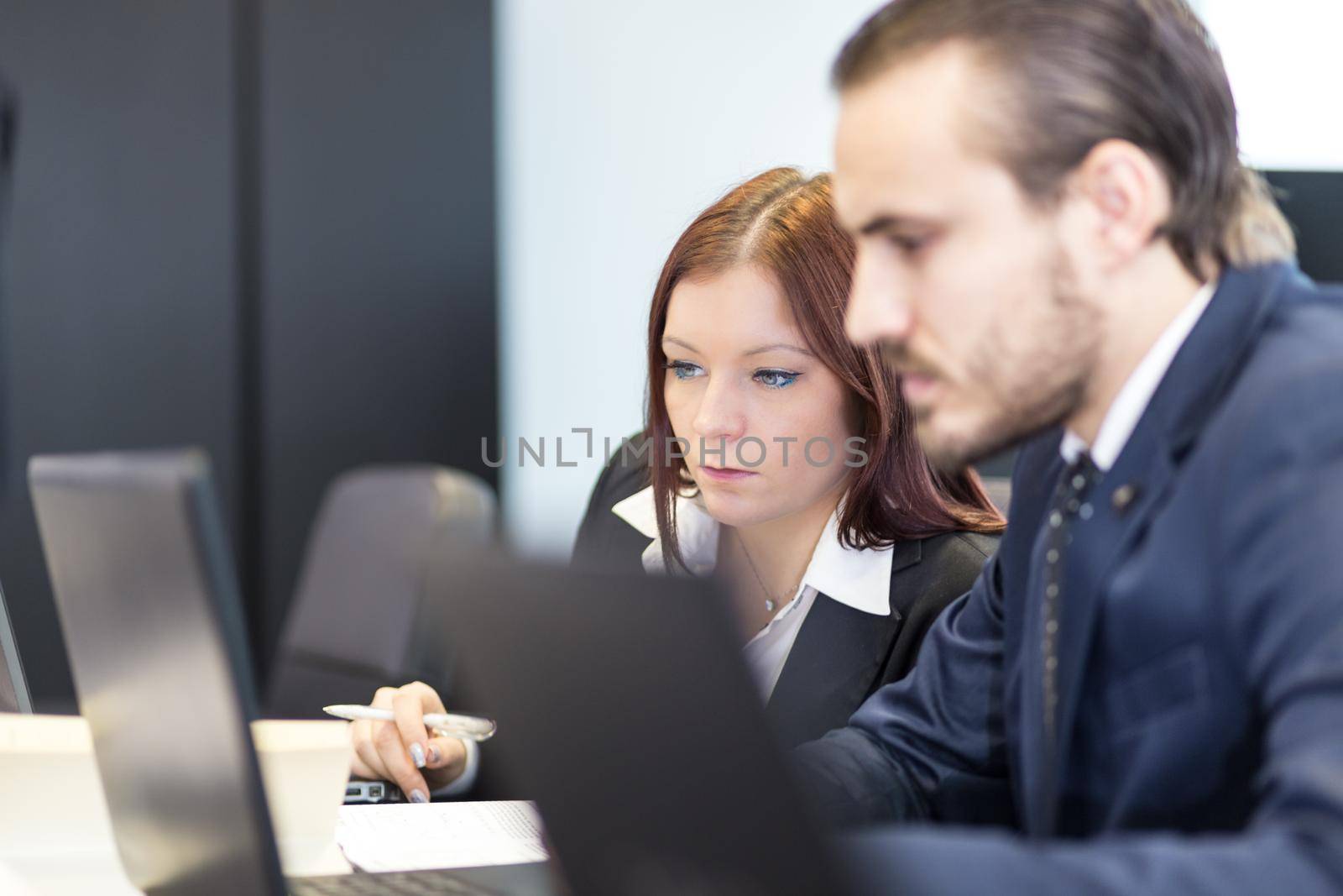 Business people working on laptops in modern office.