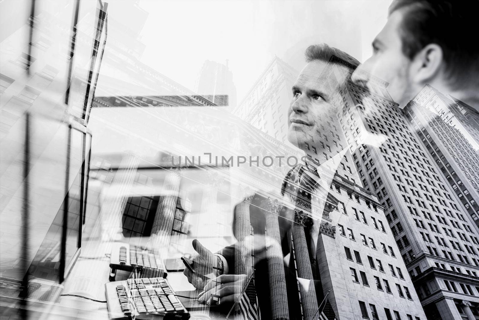 Corporate business, finance, stock market and economic prosperity conceptul collage. Wall street brokers and wealth managers against new york stock exchange reflection. Black and white image.