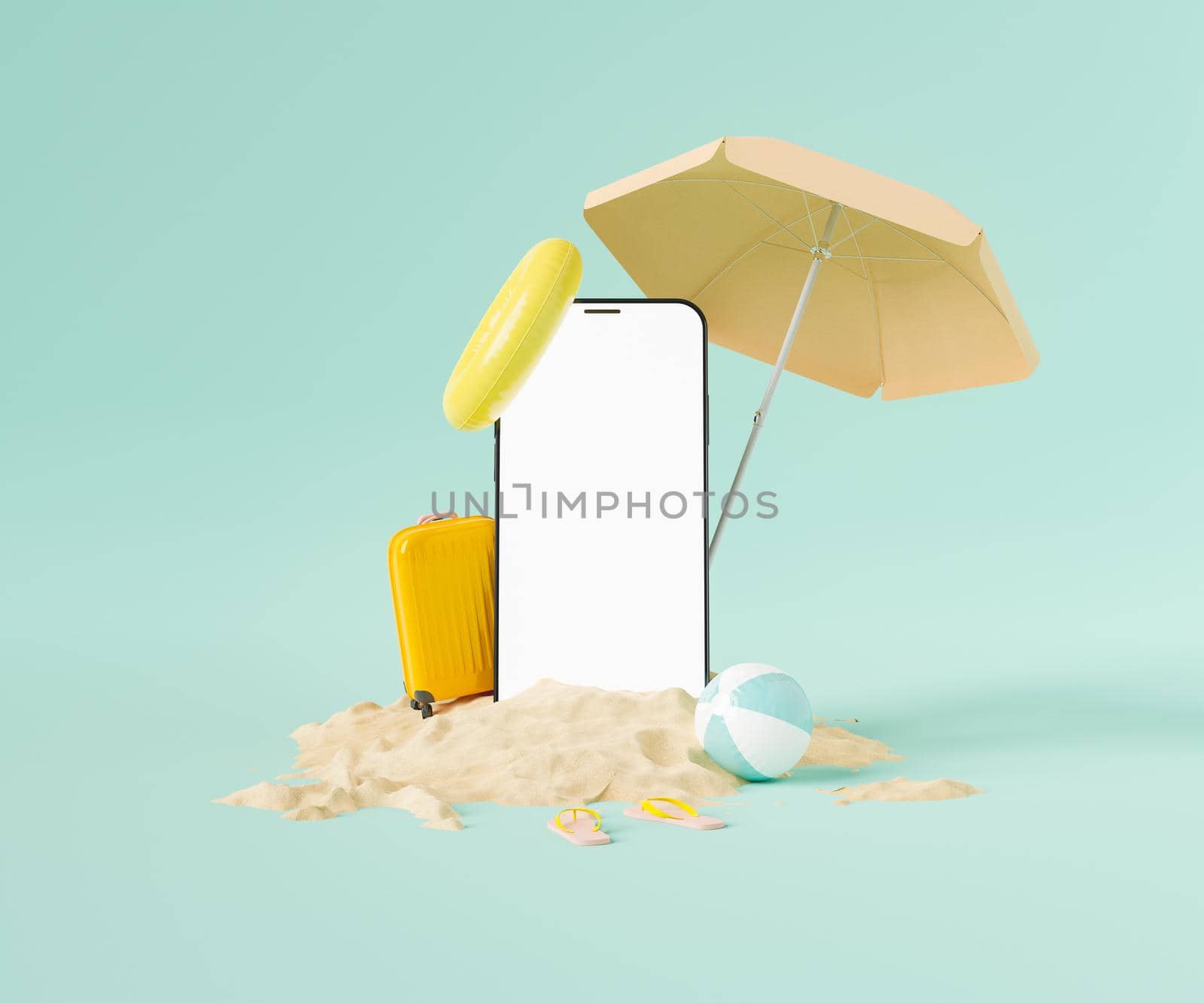 Smartphone and beach supplies in sand by asolano
