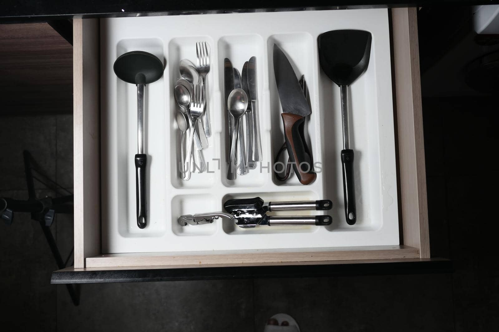 cutlery fork with knife and spoon in a drawer ,