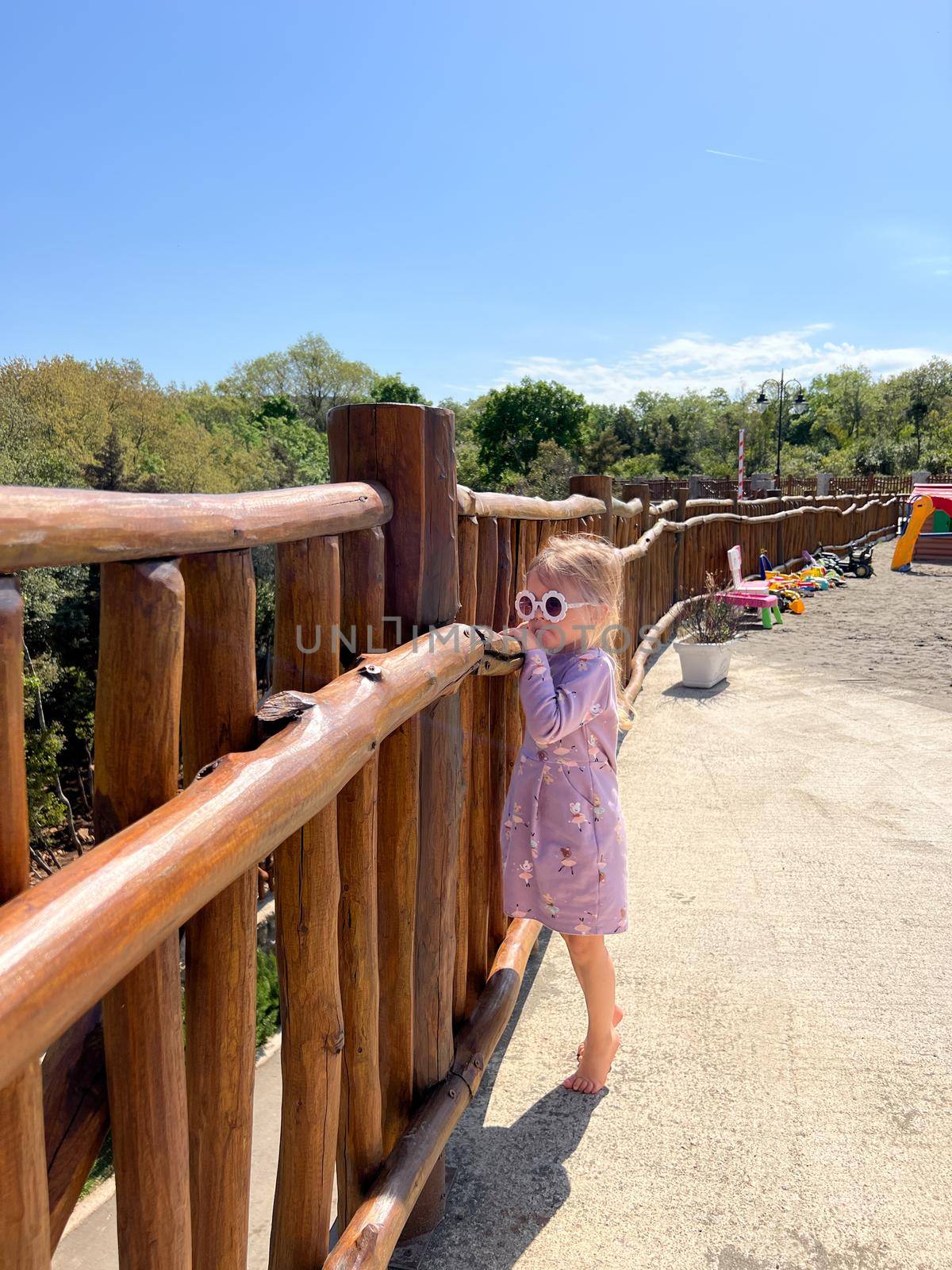 Little girl looks through the boards of a wooden fence in the park. High quality photo