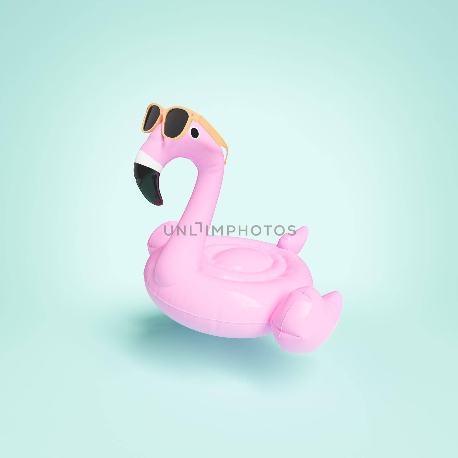 3D illustration of pink flamingo float with orange sunglasses during summer vacation against mint background