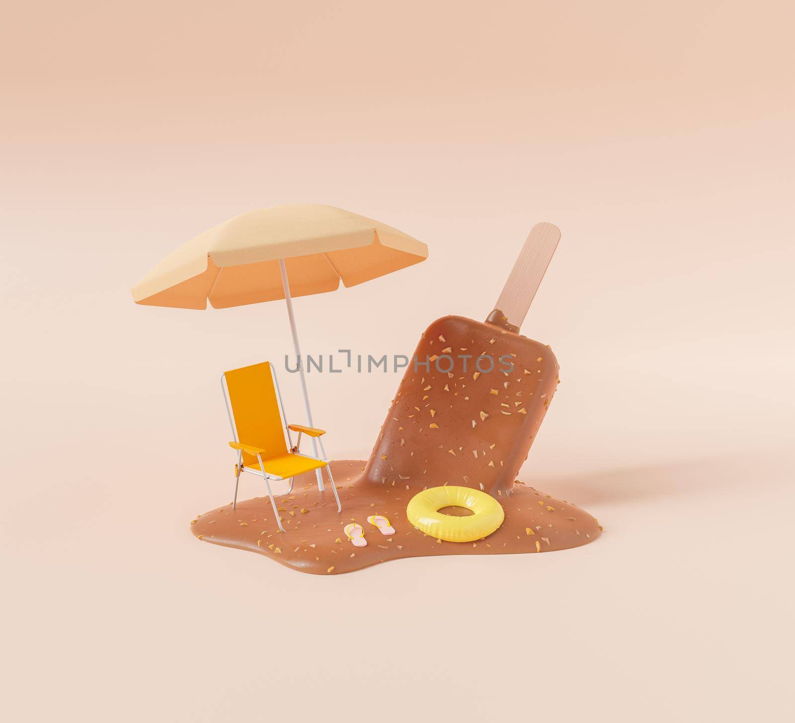 3D illustration of deckchair and parasol placed near flip flops and tube on melted chocolate ice cream during summer vacation against peach background