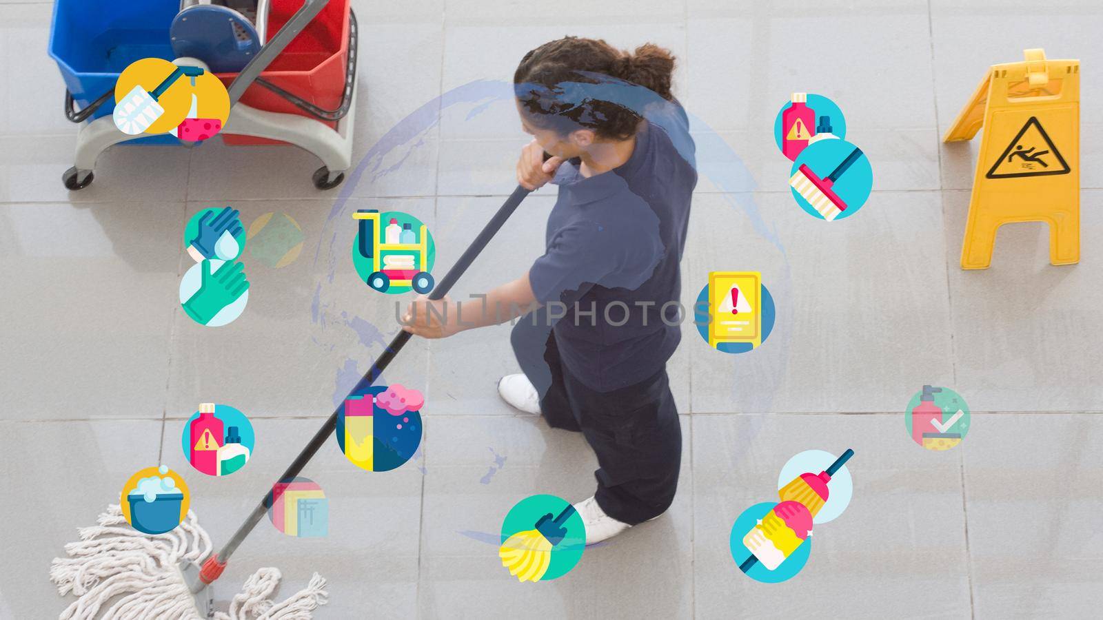 Young housekeeper cleaning floor mobbing holding mop and plastic bucket with brushes, by senkaya