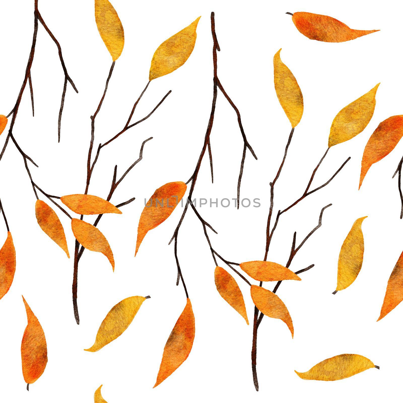Seamless watercolor hand drawn pattern with yellow orange leaves thin tree branches. Fall autumn september october background. Elegant fabric print on white