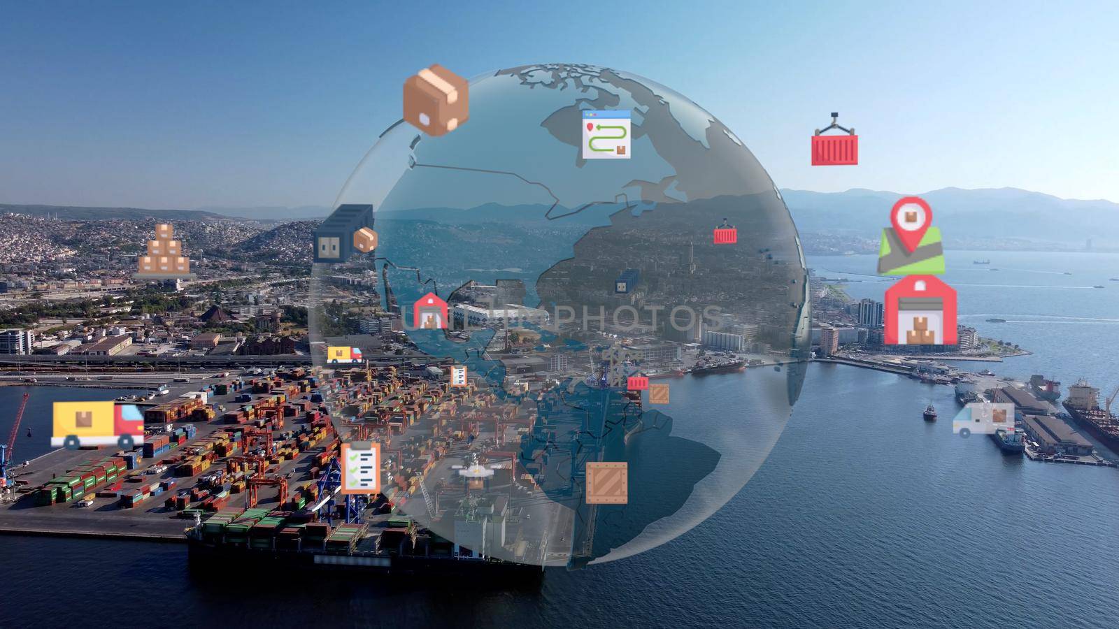 Logistic business or transport concept Aerial view over import export port with many stacks of cargo container rows by senkaya
