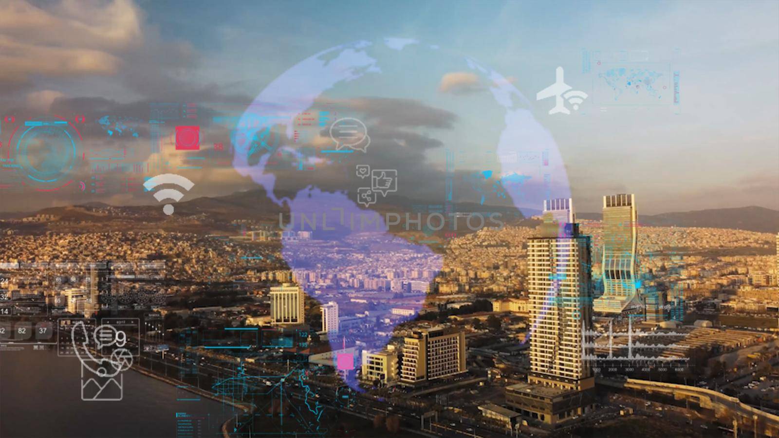Global connection and the internet network modernization in smart city . Concept of future 5G wireless digital connecting and social media networking . by senkaya