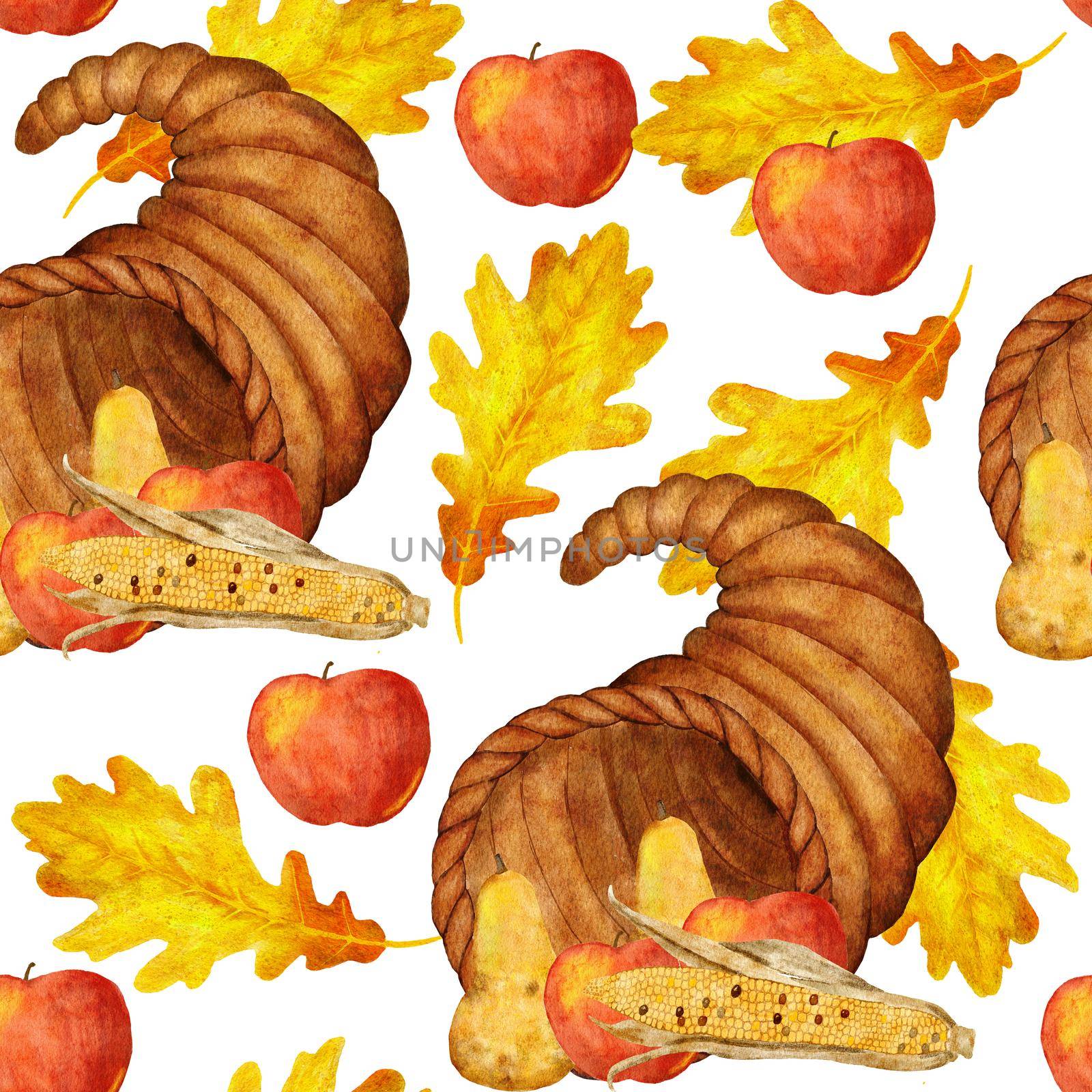 Watercolor hand drawn seamless pattern with Thanksgiving cornucopia basket horn, fruits apples pears corn oak leaves. Fall autumn harvest farm cottage backgroung, organic food print. by Lagmar