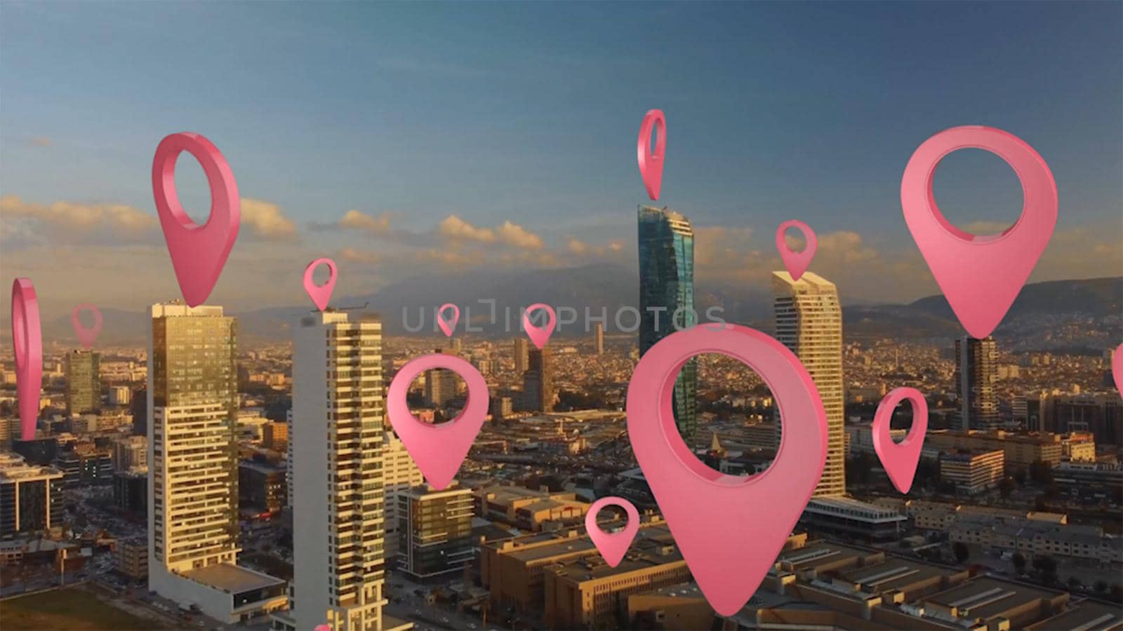 Aerial smart city. Localization icons in a connected futuristic city. Technology concept, data communication, artificial intelligence, internet of things. izmir skyline. by senkaya