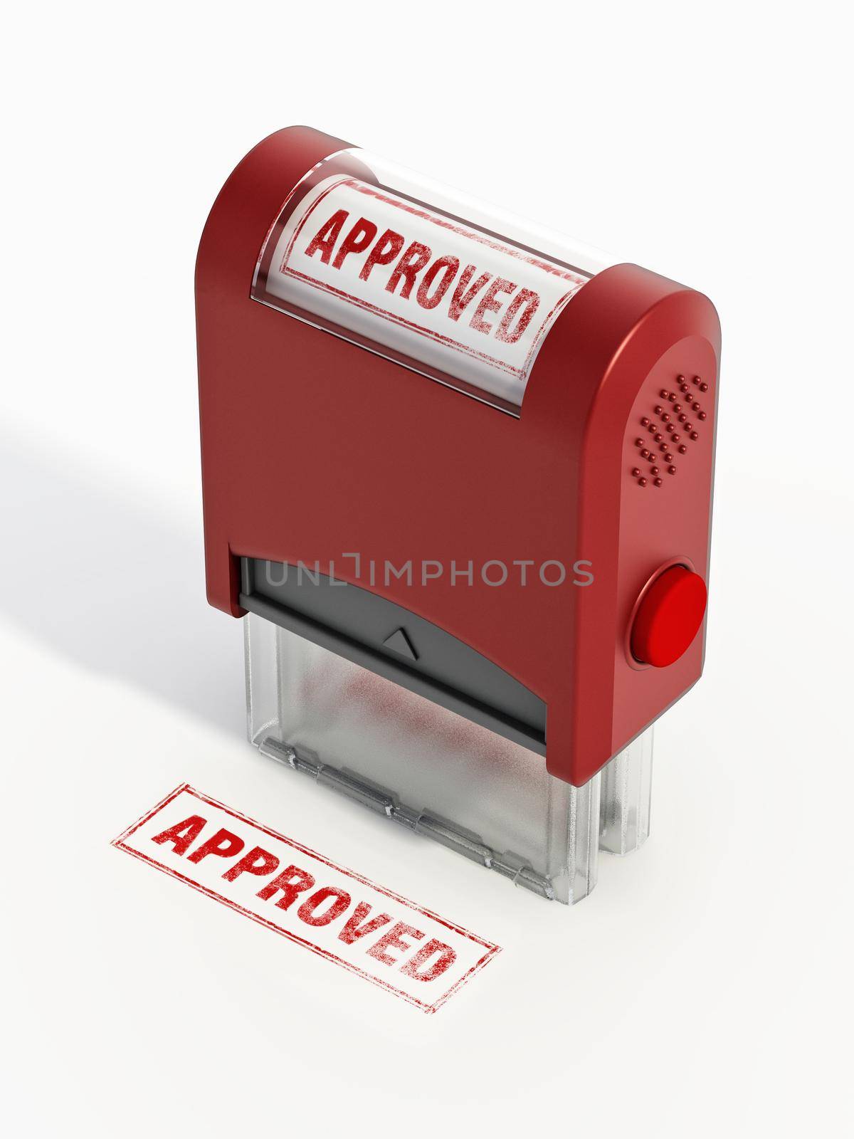 Rubber stamp with approved seal. 3D illustration by Simsek