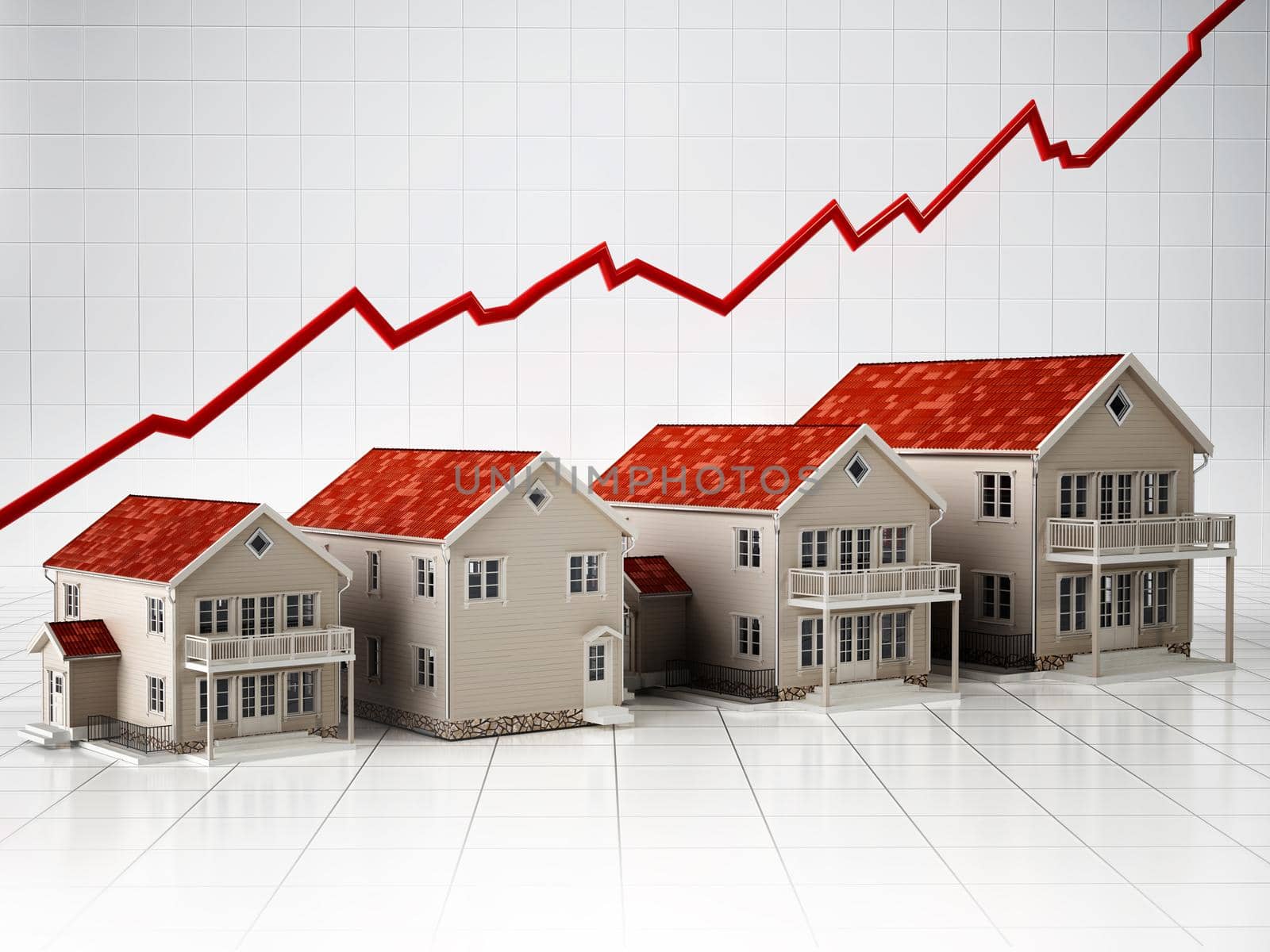 Rising house prices concept. 3D illustration by Simsek