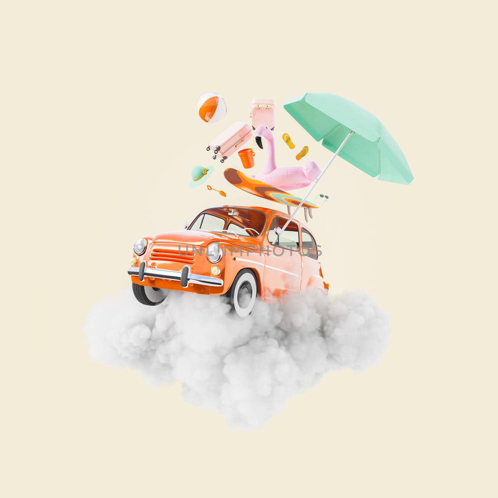 3D illustration of red vintage car with assorted beach supplies flying on gray storm cloud during summer vacation against light yellow background
