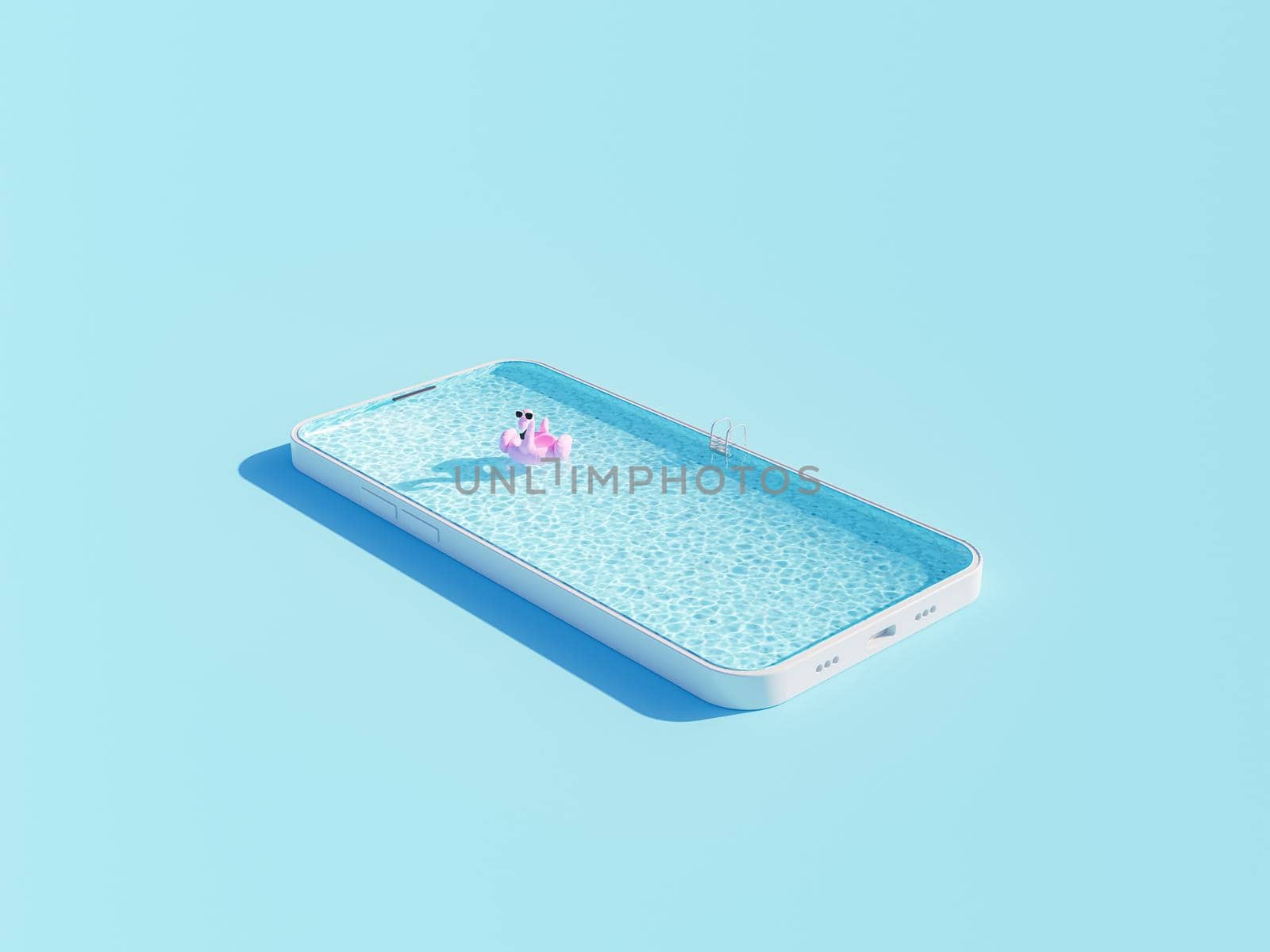 From above creative 3D rendering with pink inflatable flamingo in rippling swimming pool inside of mobile phone case against blue background