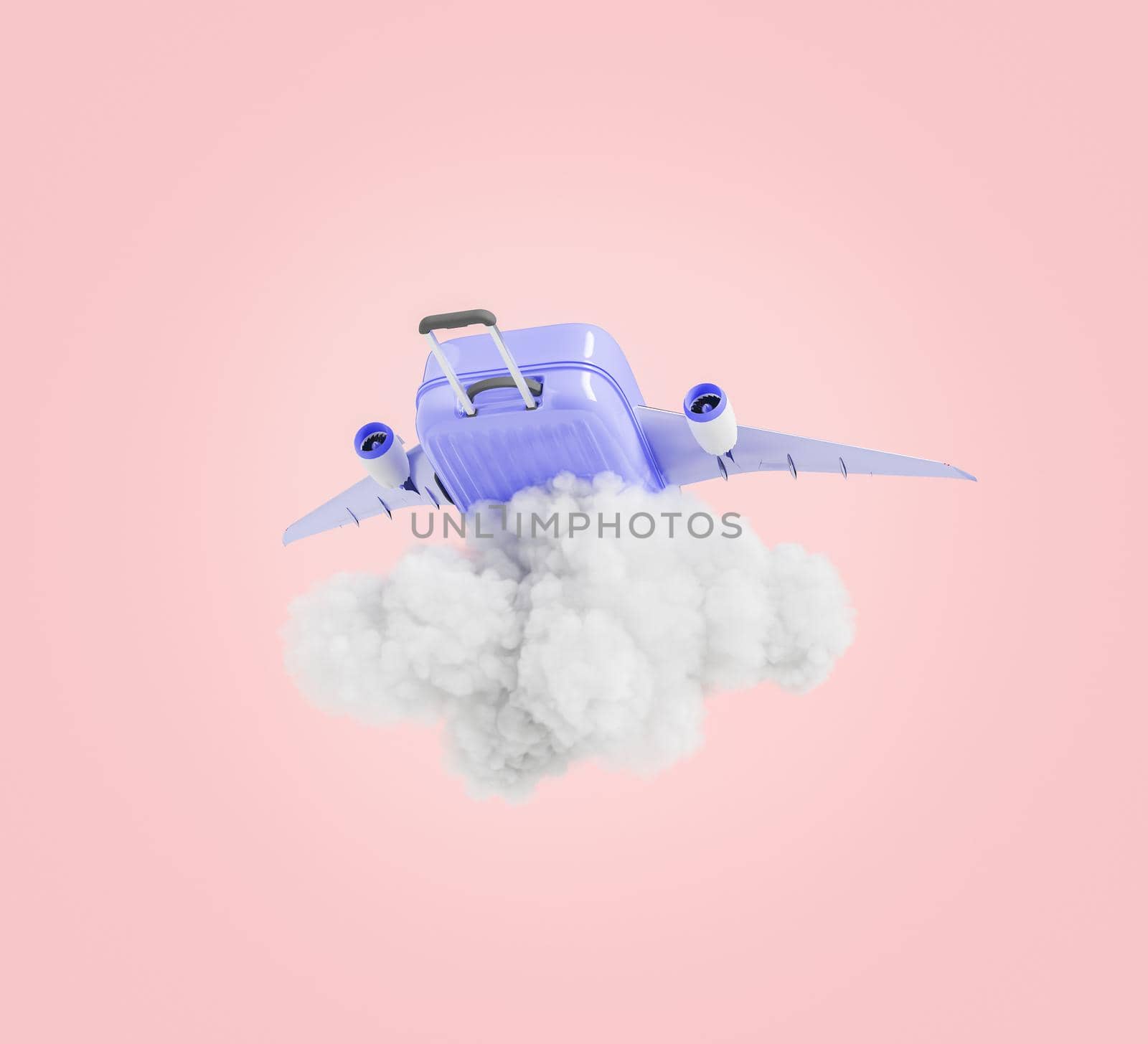 3D illustration of violet suitcase with plane wings flying over storm cloud during summer vacation against pink background