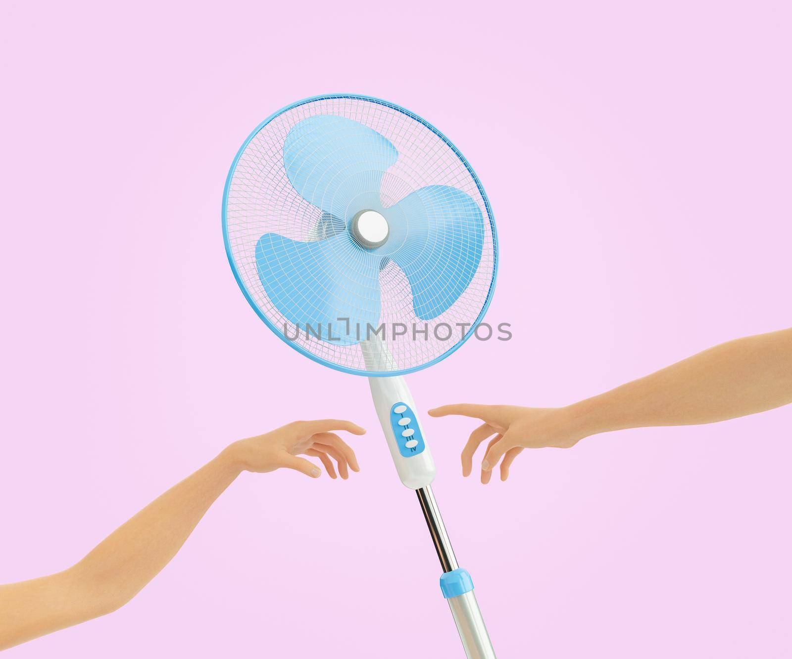 3D illustration of people outstretching arms to control buttons of fan on hot day against lilac background