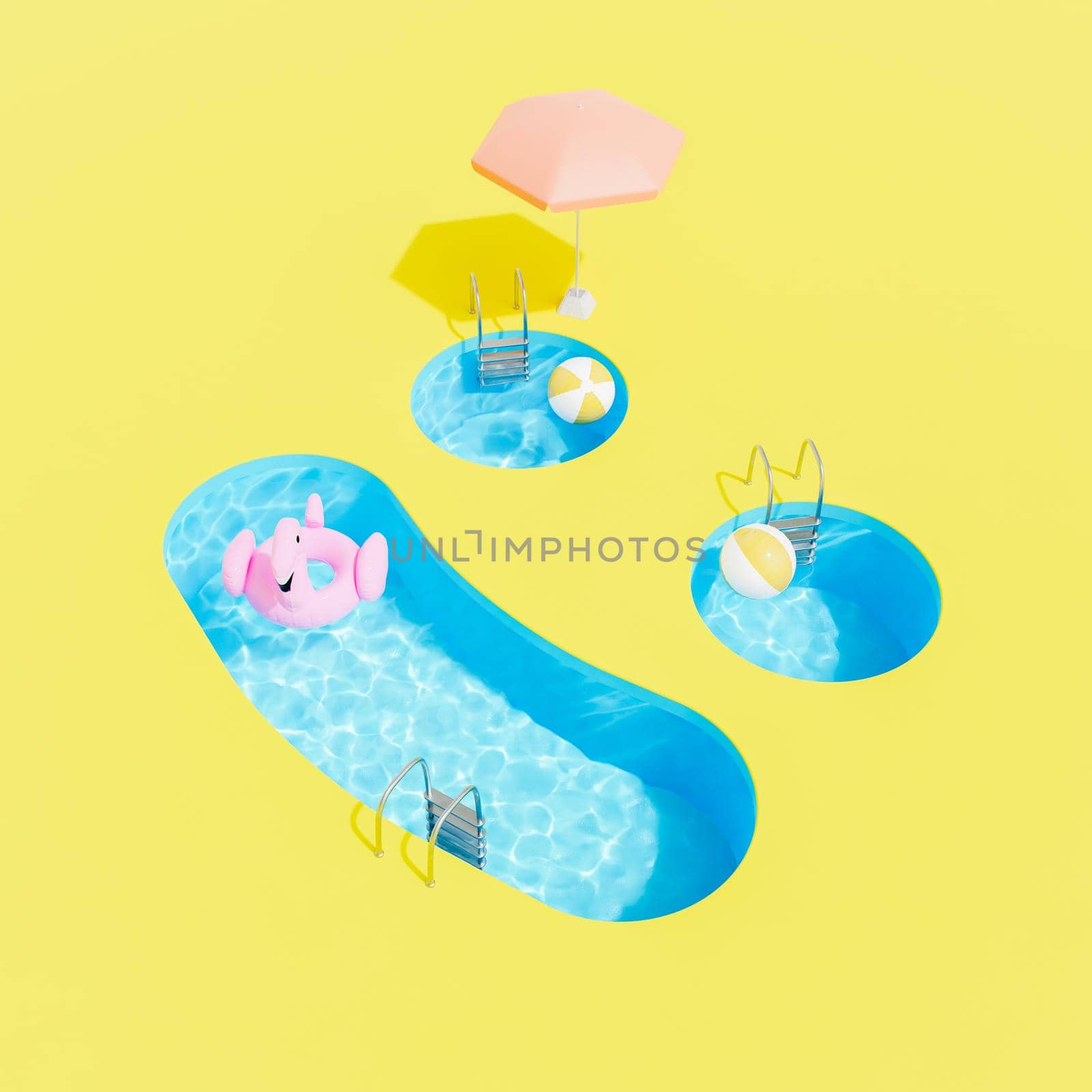3D rendering from above of inflatable flamingo and balls floating in water of oval and round shaped swimming pools against yellow background with umbrella