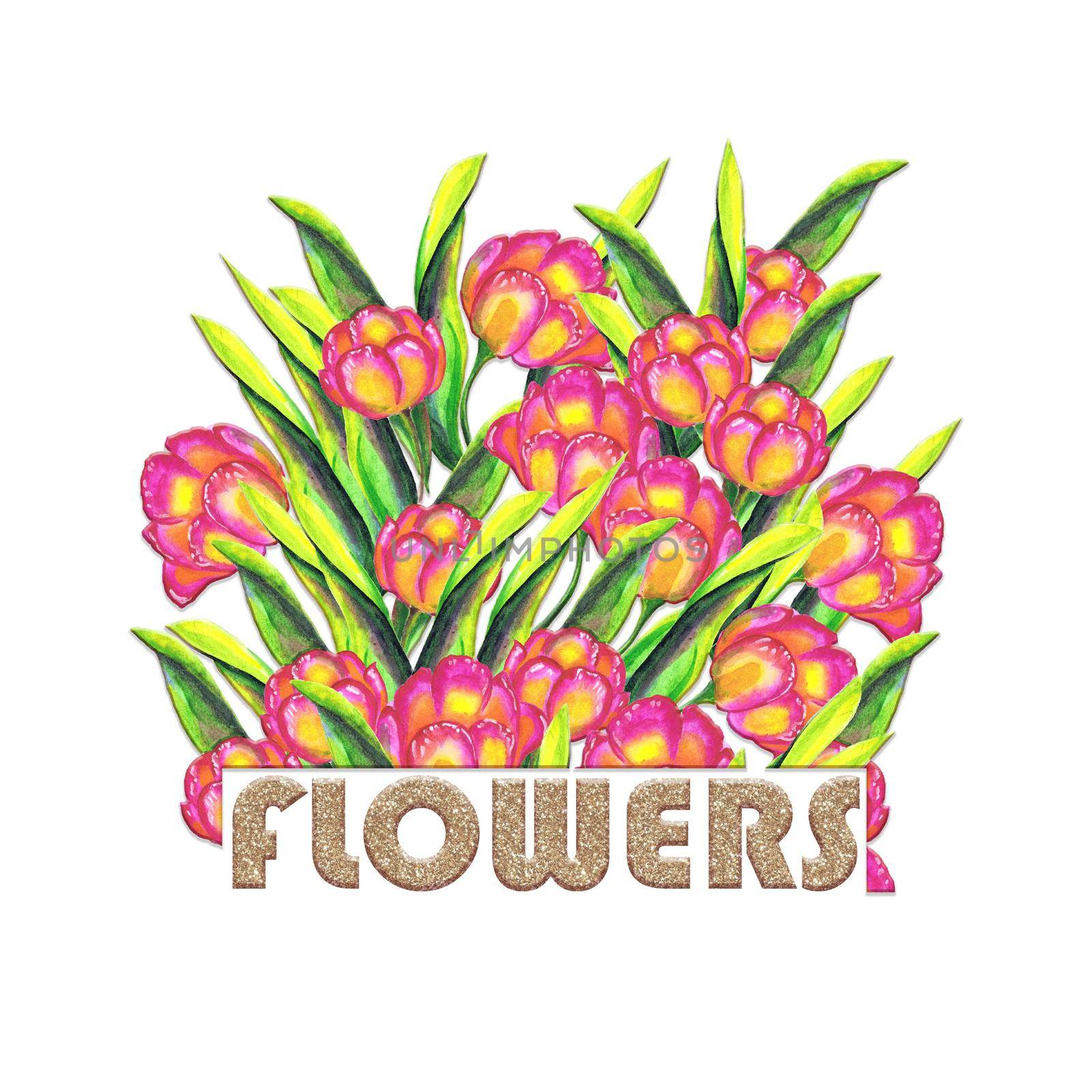 Tulips with glittering letters hand drawn watercolor. For t-shirt design by fireFLYart