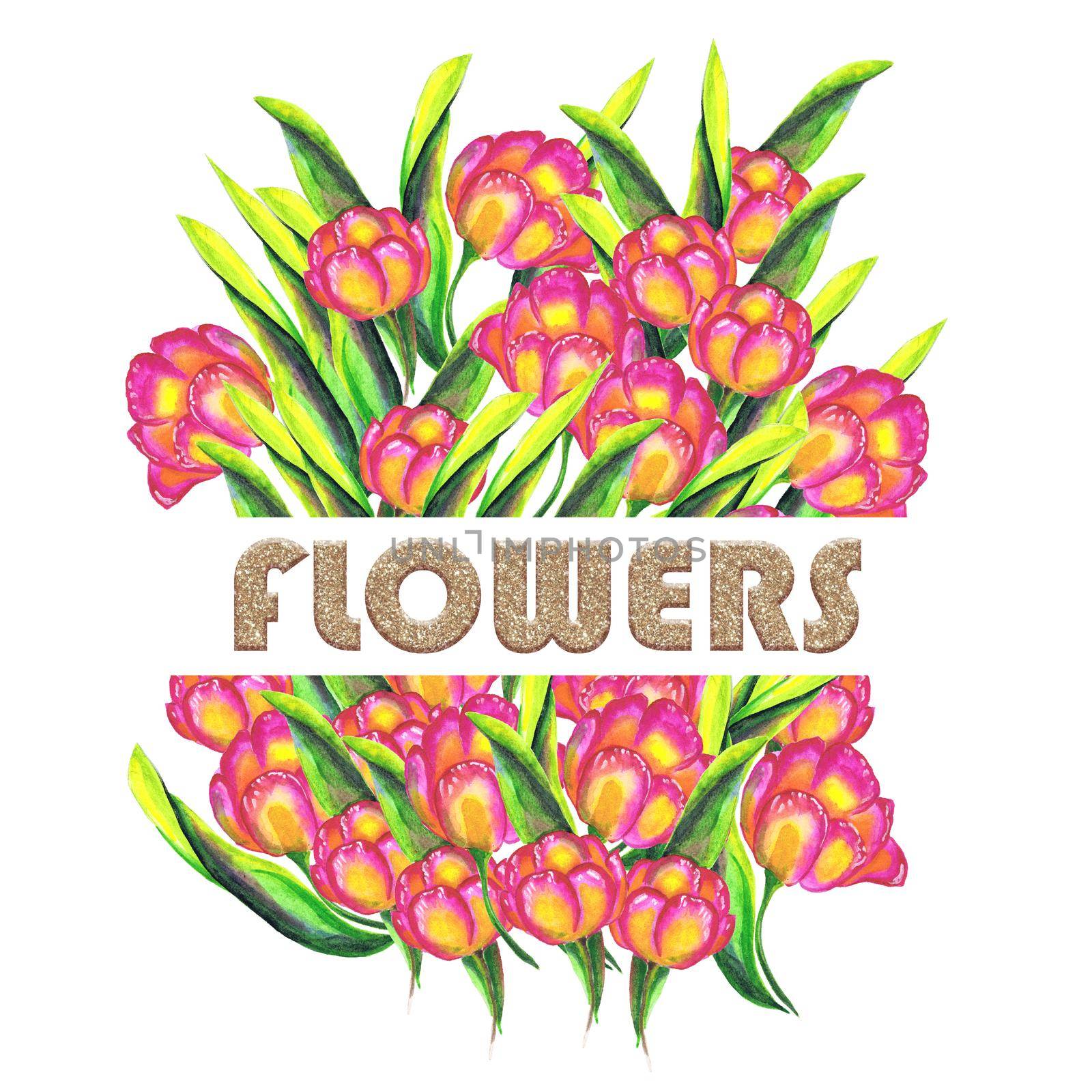 Illustration with bouquet of flowers in realistic style, watercolor tulips. Hand drawn illustration