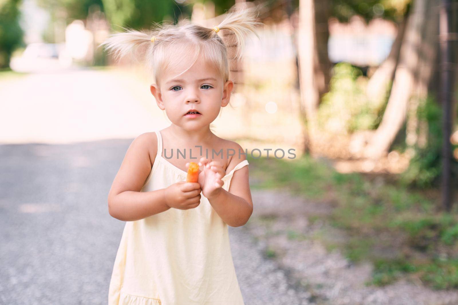 Little girl stands on a road with a carrot by Nadtochiy