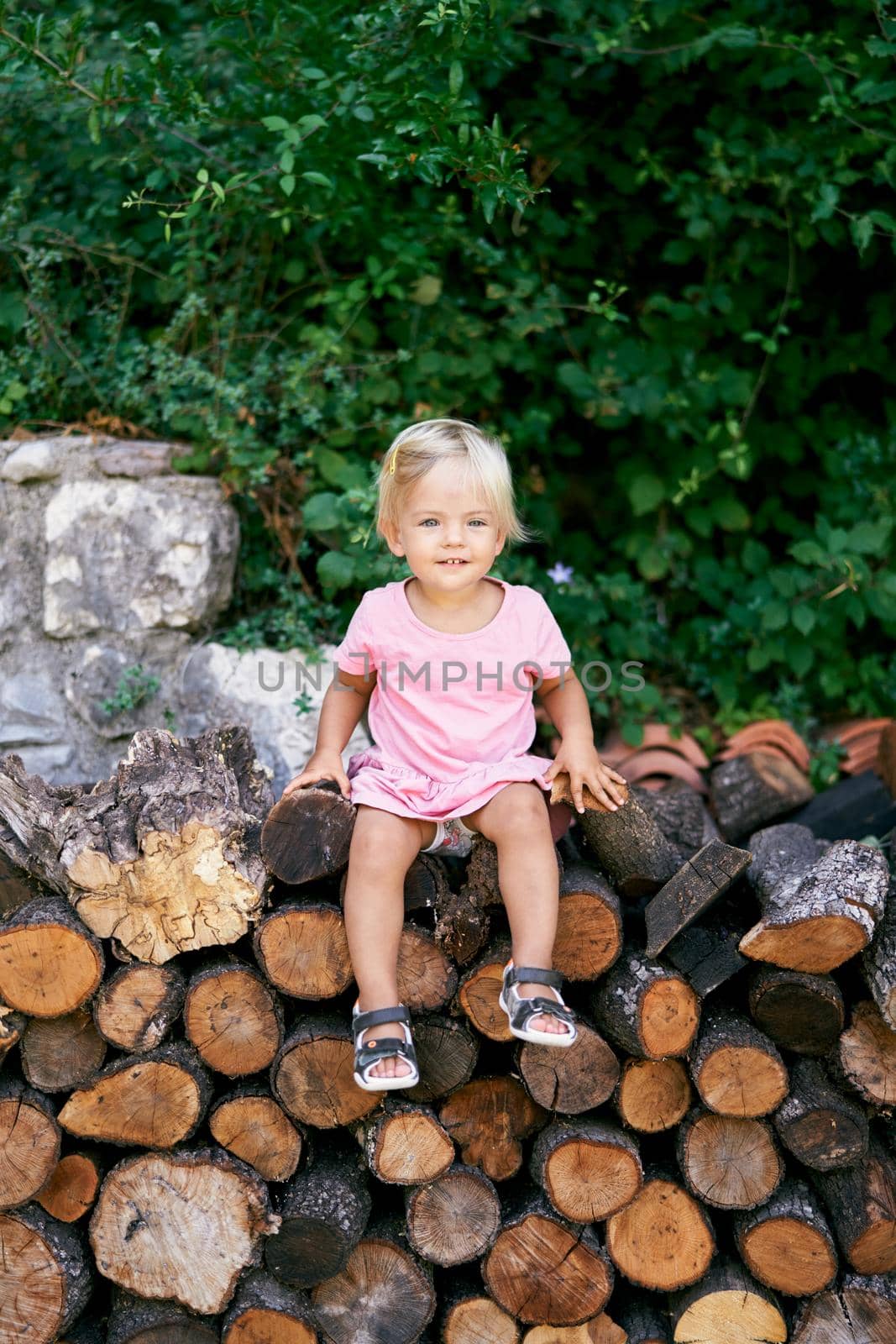 Little girl sitting on a pile of stacked logs in the park. High quality photo
