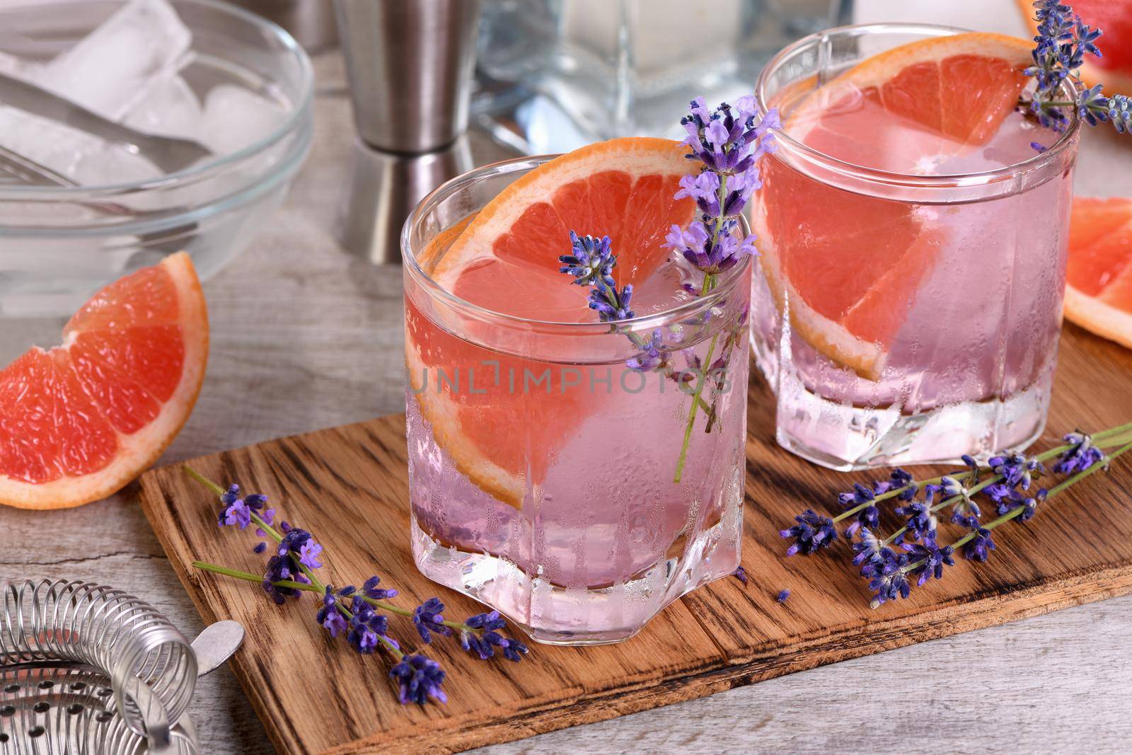 Paloma with soft delicate notes of lavender and grapefruit, very light, incredibly refreshing summer cocktail.