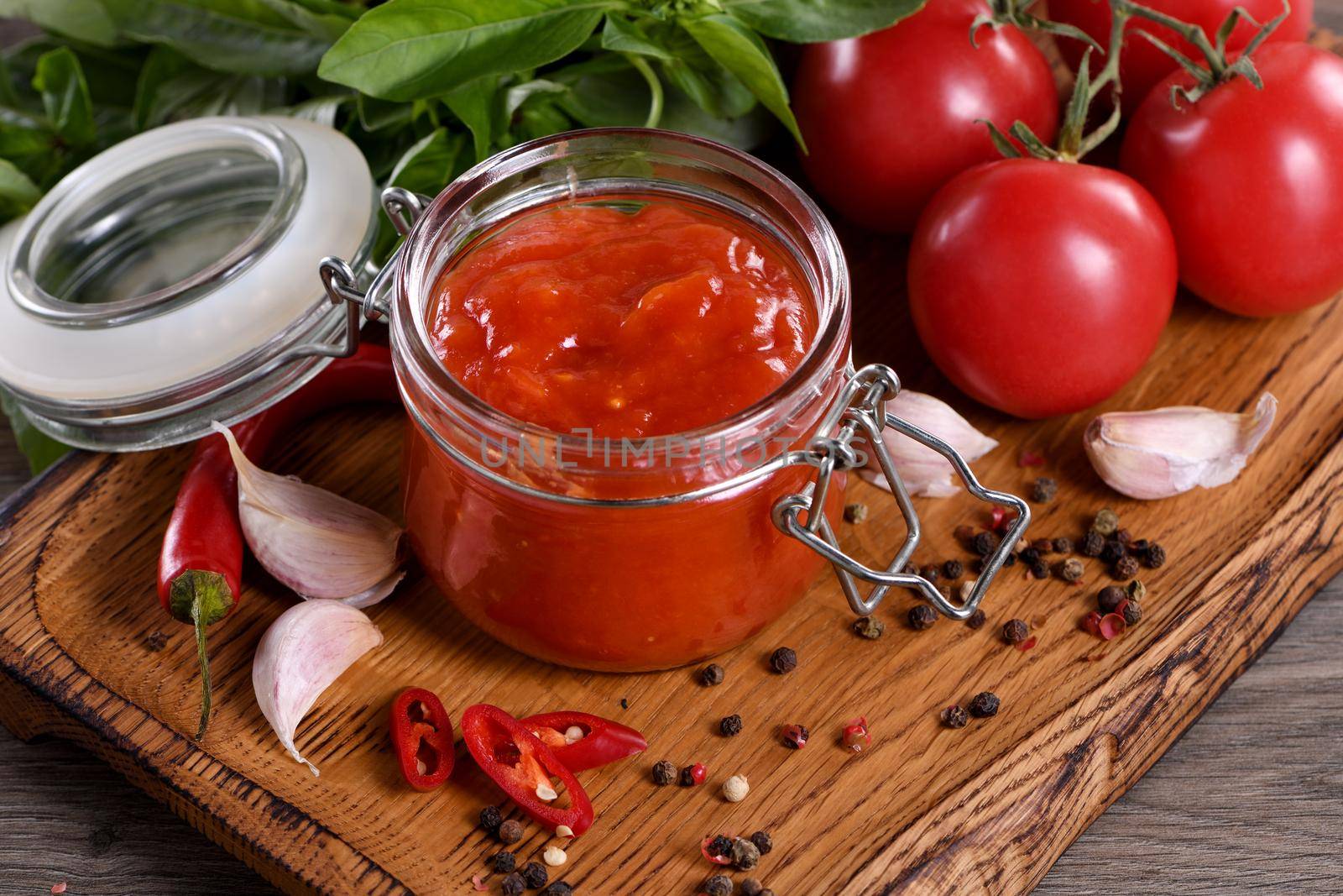 Traditional classic tomato sauce with spices and herbs. Fragrant dressing for various dishes. Taste and simplicity.