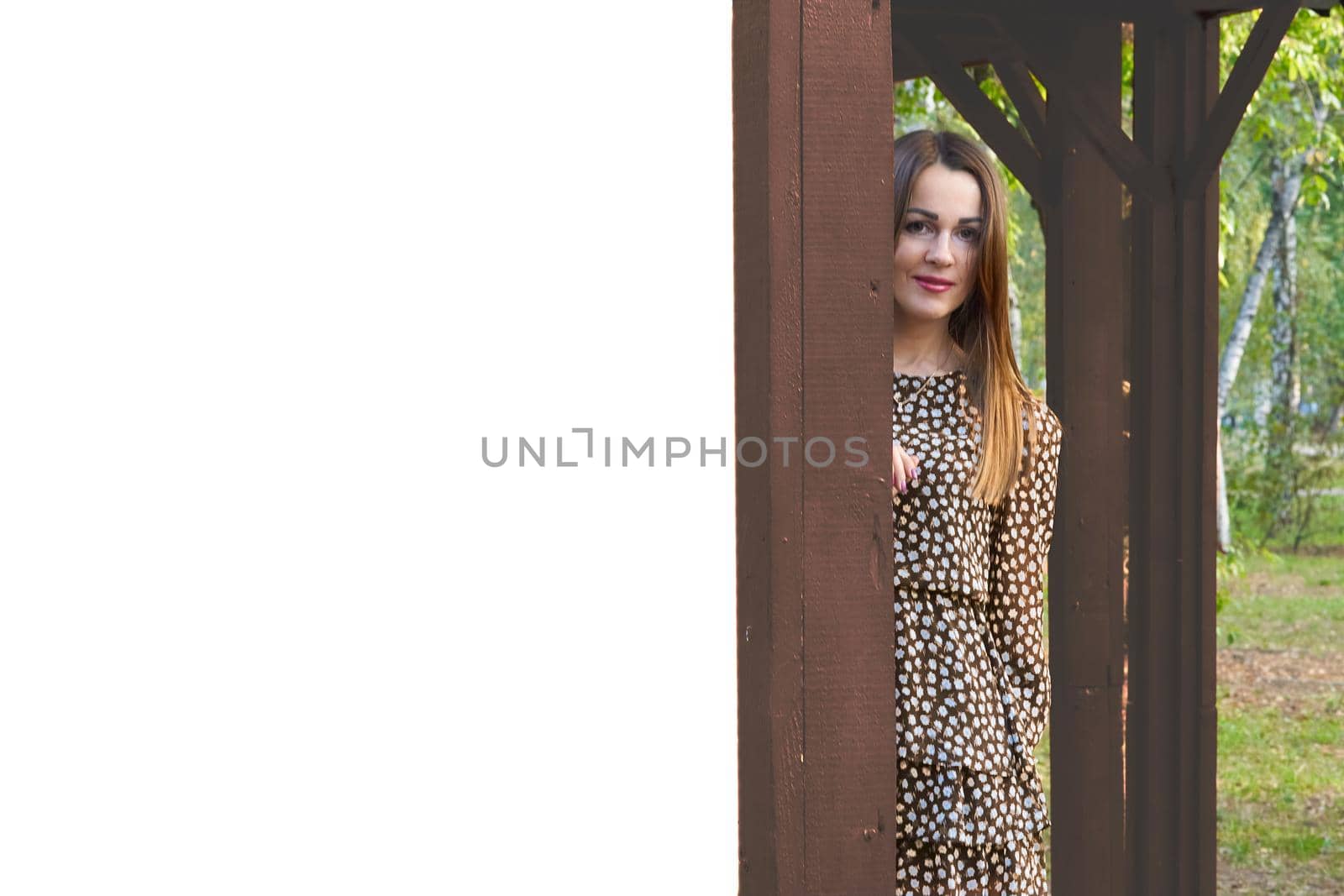 Place for text on a wooden stand with a charming fair haired girl in nature by jovani68