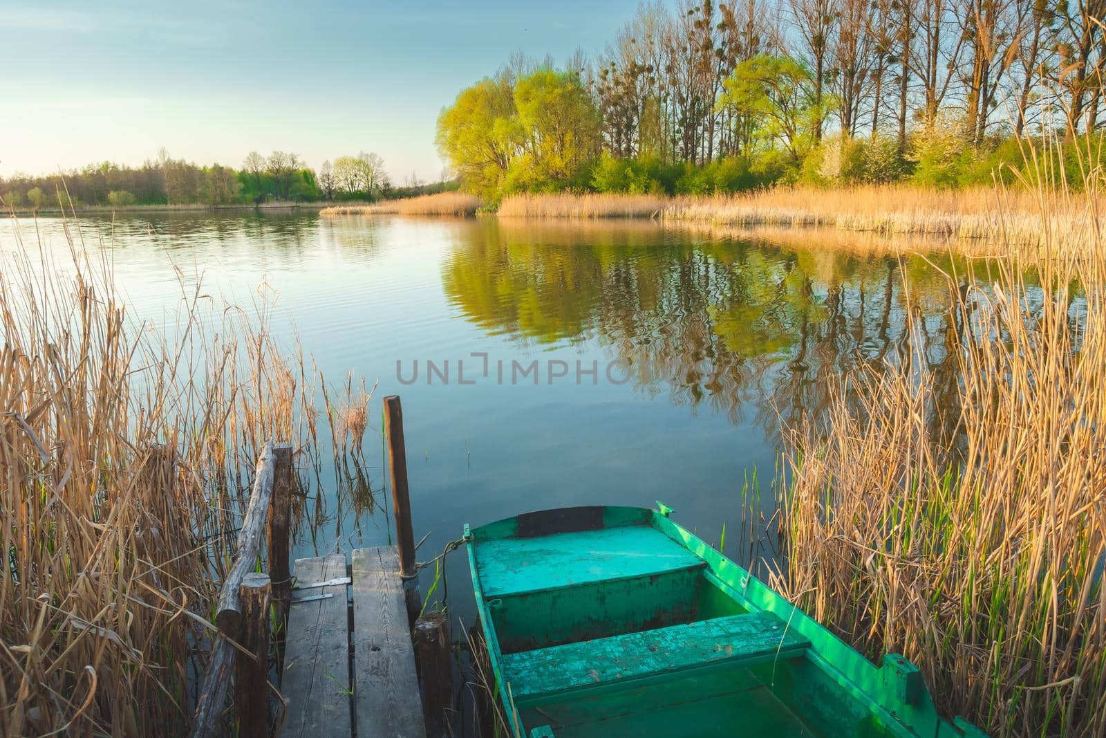 A boat moored at the pier in the reeds, calm lake and trees