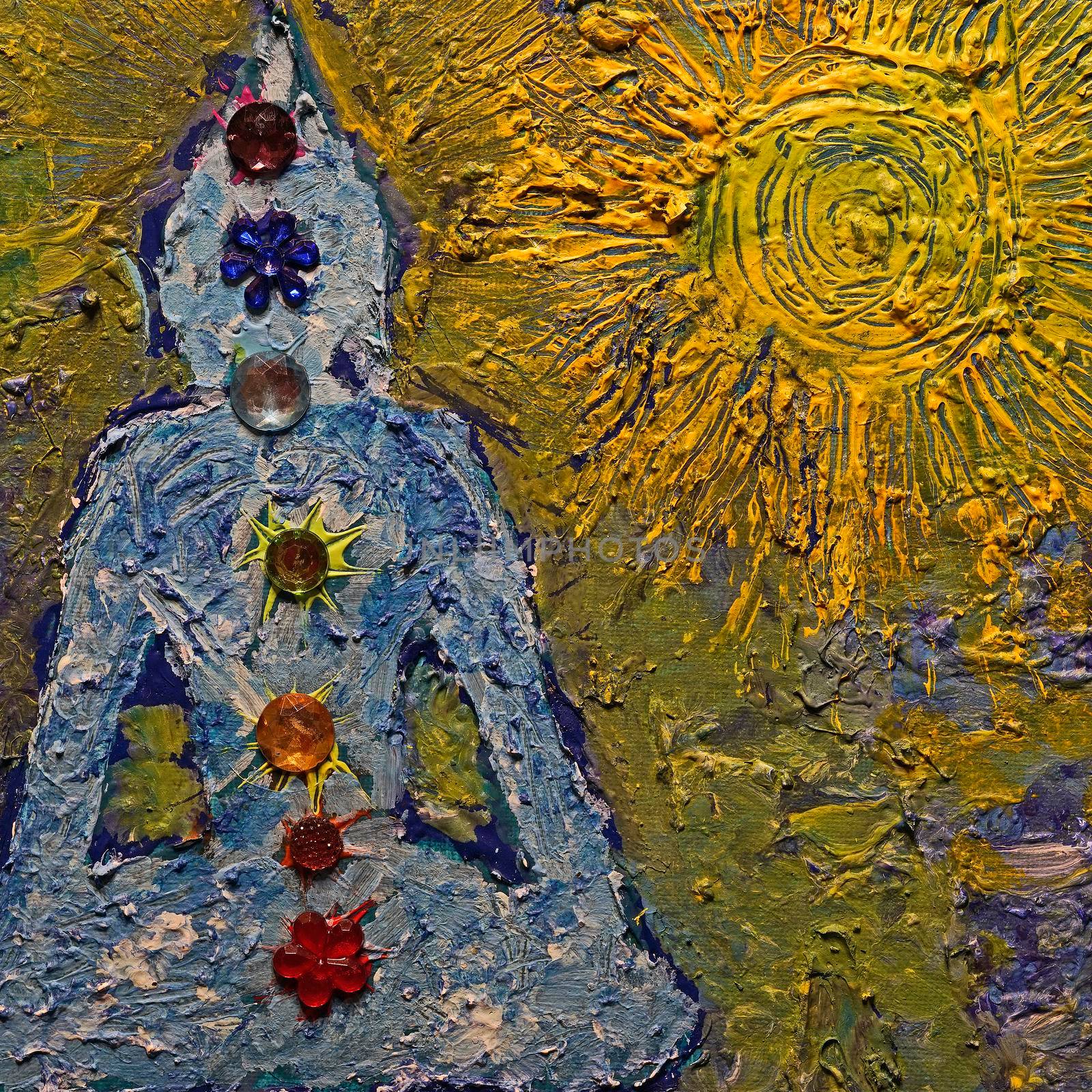 Buddha in the sun with the seven chakras. The painting is made with roughly applied acrylic paint. Colored acrylic stones were used for the chakras