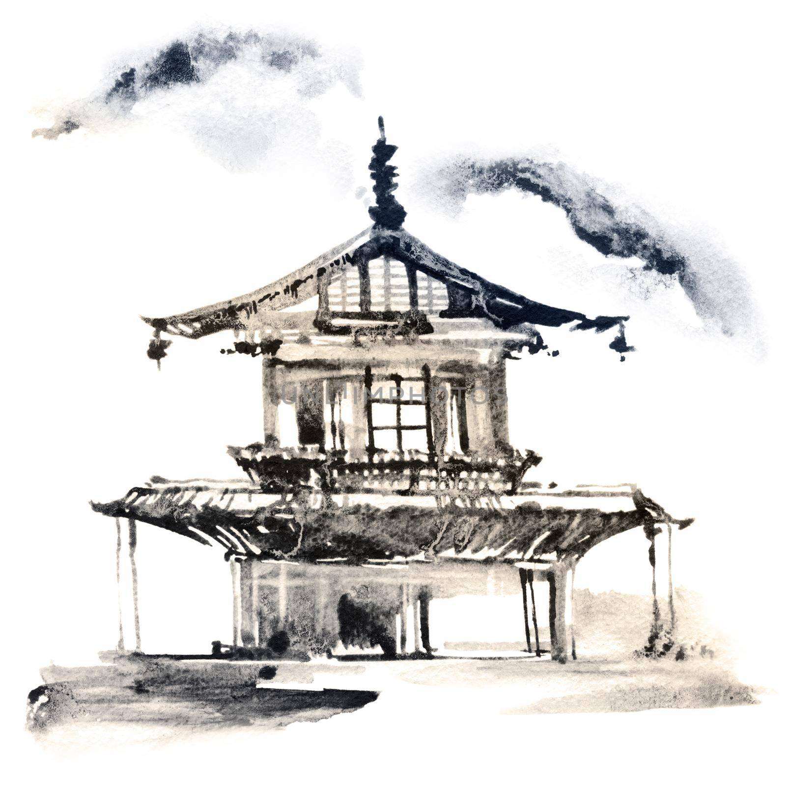 Watercolor and ink sketch - illustration of pagoda building with clouds, oriental traditional sumi-e painting