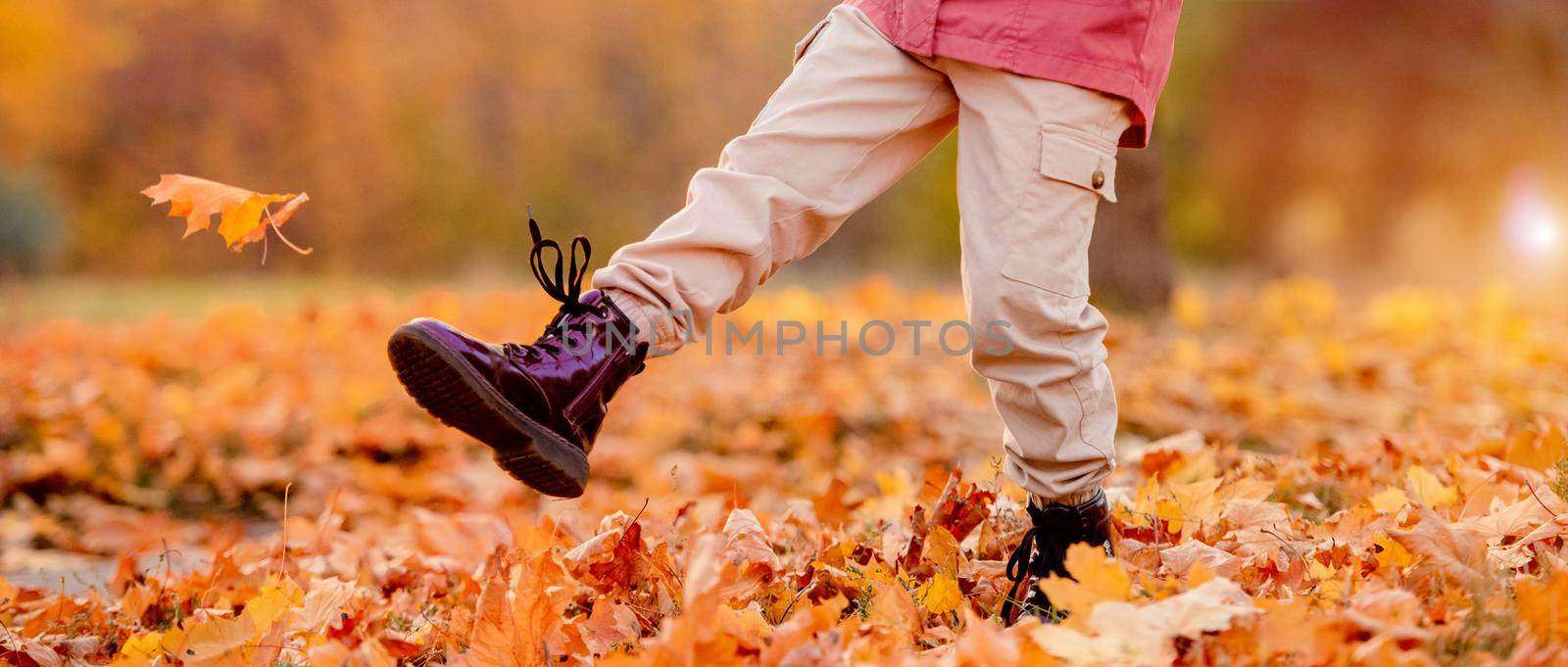 Preteen girl kid with golden retriever dog walking at autumn park at road covered with yellow leaves. Beautiful portrait of child and pet outdoors at nature from back