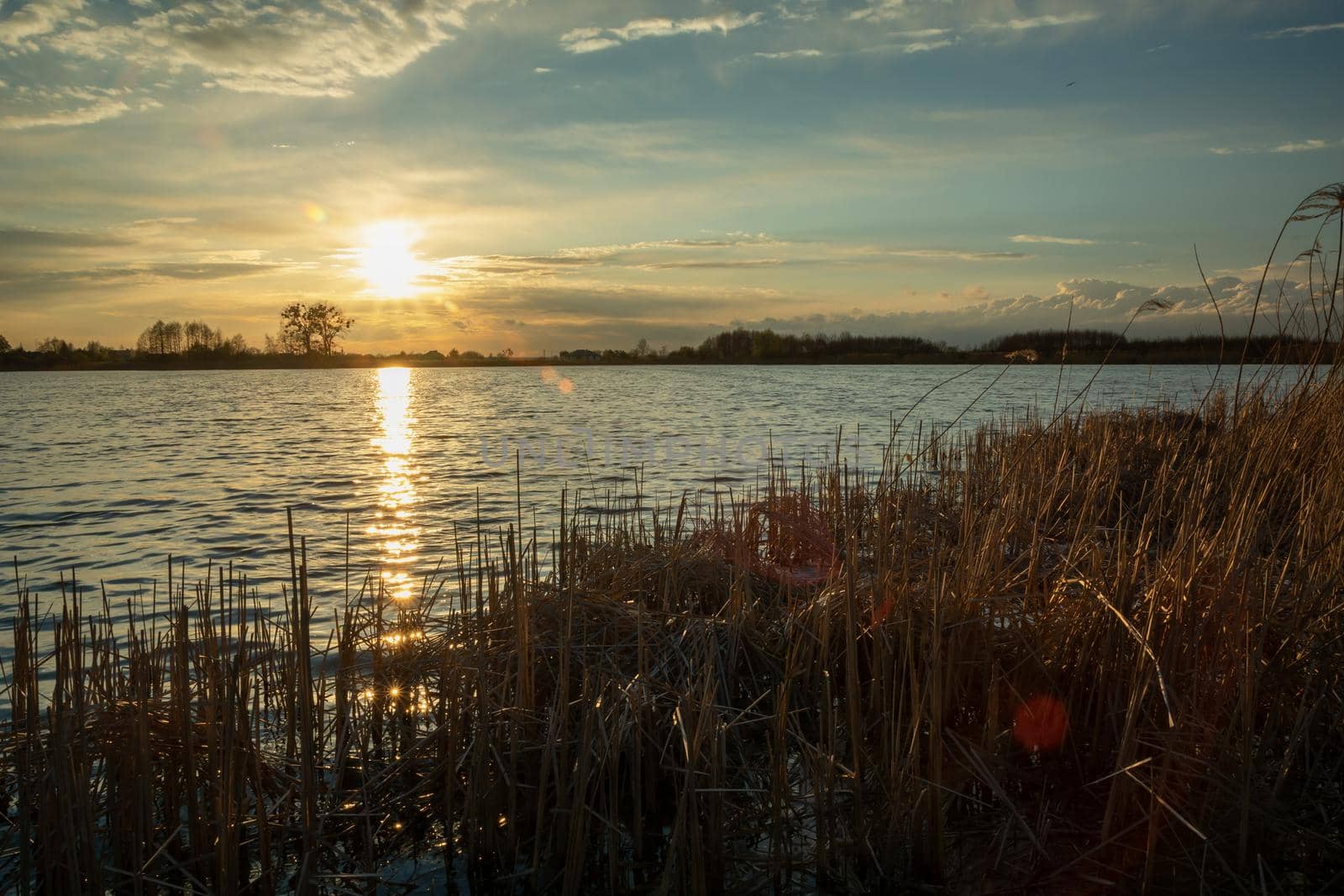Sunset on an atmospheric lake with reeds, spring evening