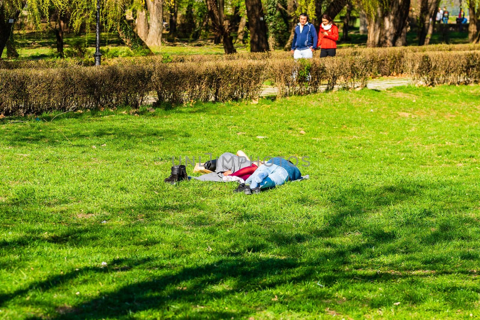 Targoviste, Romania - 2019. Group of people on the grass in the central park.