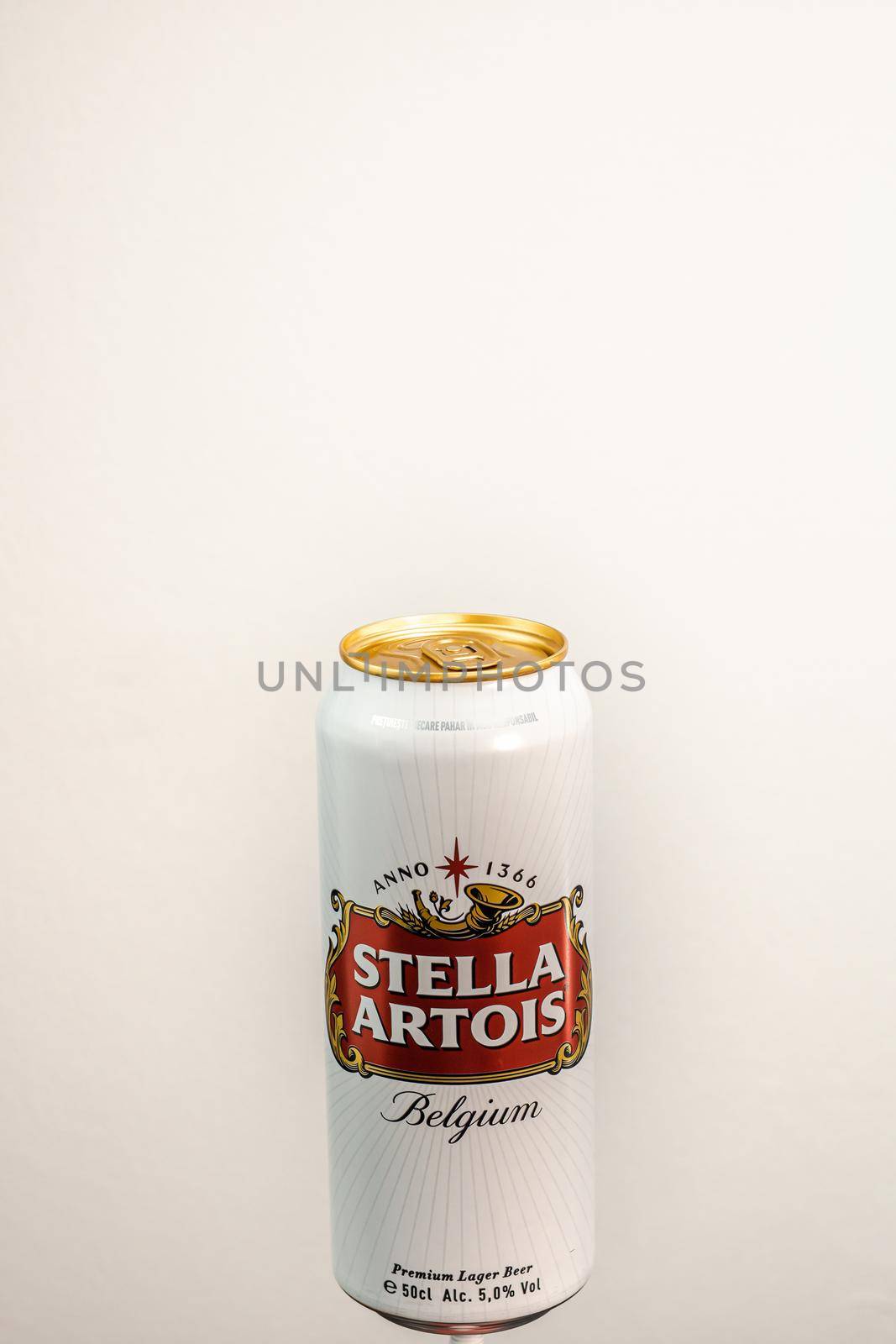 Great Belgium beer - Stella Artois. Belgium Premium Lager beer can. Studio photo shoot in Bucharest, Romania, 2020 by vladispas