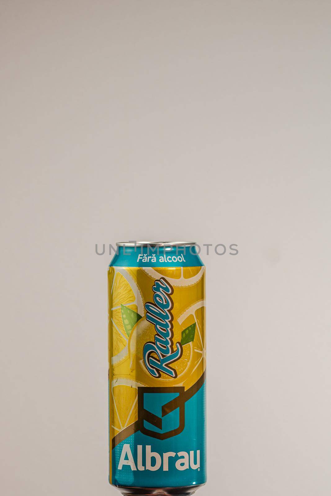 Albrau Radler Beer from Romanian local brewery isolated. Detail photo of beer can in Bucharest, Romania, 2020 by vladispas
