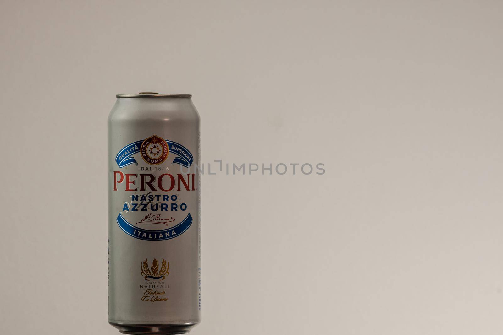 Peroni Nastro Azzurro, a premium lager beer produced since 1963 by Peroni Brewery located in Rome, Italy. Studio photo shoot in Bucharest, Romania, 2020