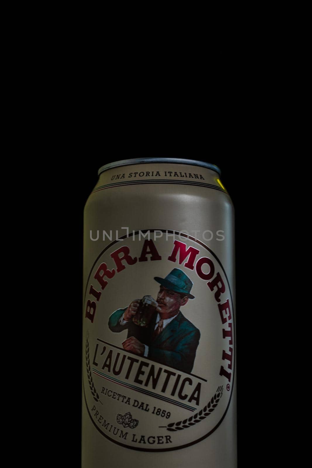 Birra Moretti, a premium lager beer produced by Italian brewing company now owned by Heineken International. Studio photo shoot in Bucharest, Romania, 2021
