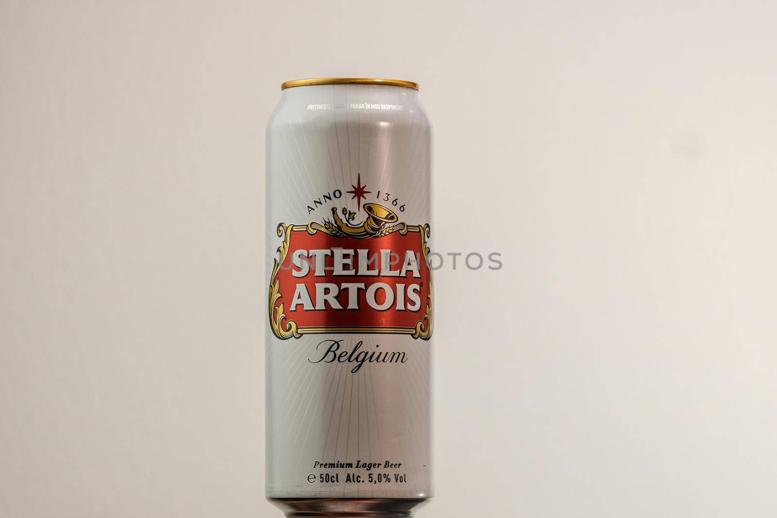 Great Belgium beer - Stella Artois. Belgium Premium Lager beer can. Studio photo shoot in Bucharest, Romania, 2020 by vladispas