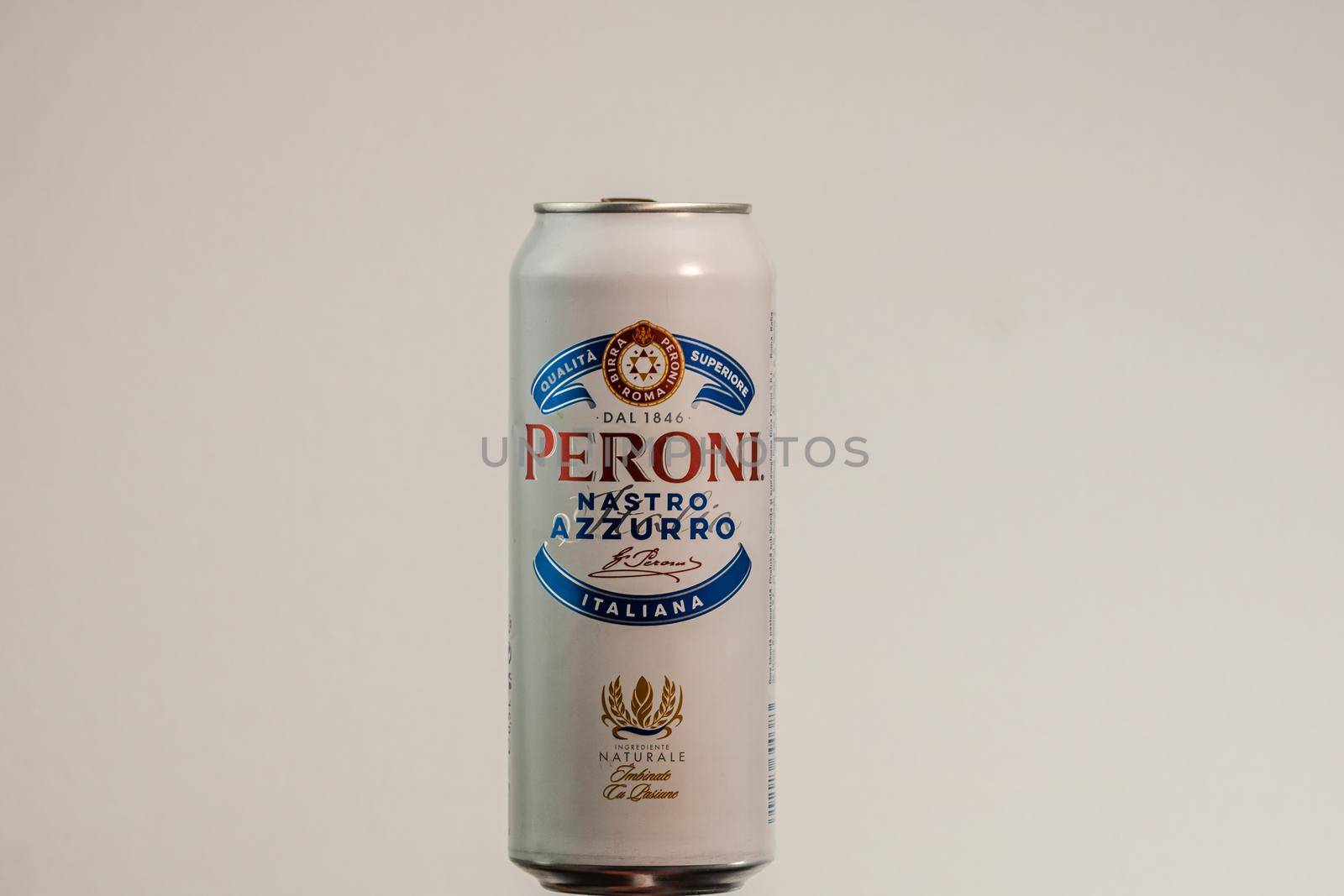 Peroni Nastro Azzurro, a premium lager beer produced since 1963 by Peroni Brewery located in Rome, Italy. Studio photo shoot in Bucharest, Romania, 2020 by vladispas