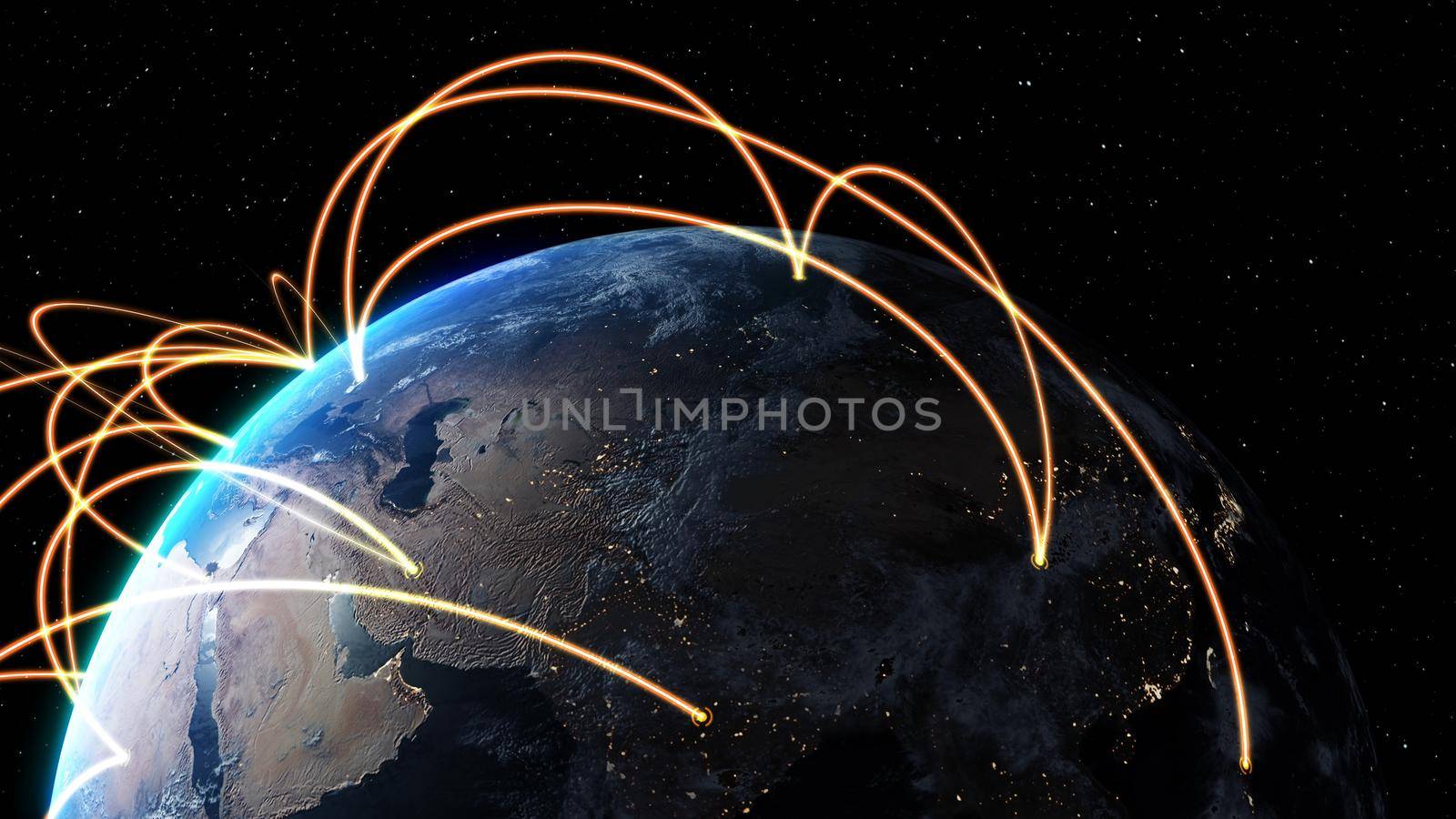 Global network and internet connection in orbital earth globe . Concept of wireless digital connection and internet of things in futuristic 3D rendering . Elements of this Image Furnished By NASA .