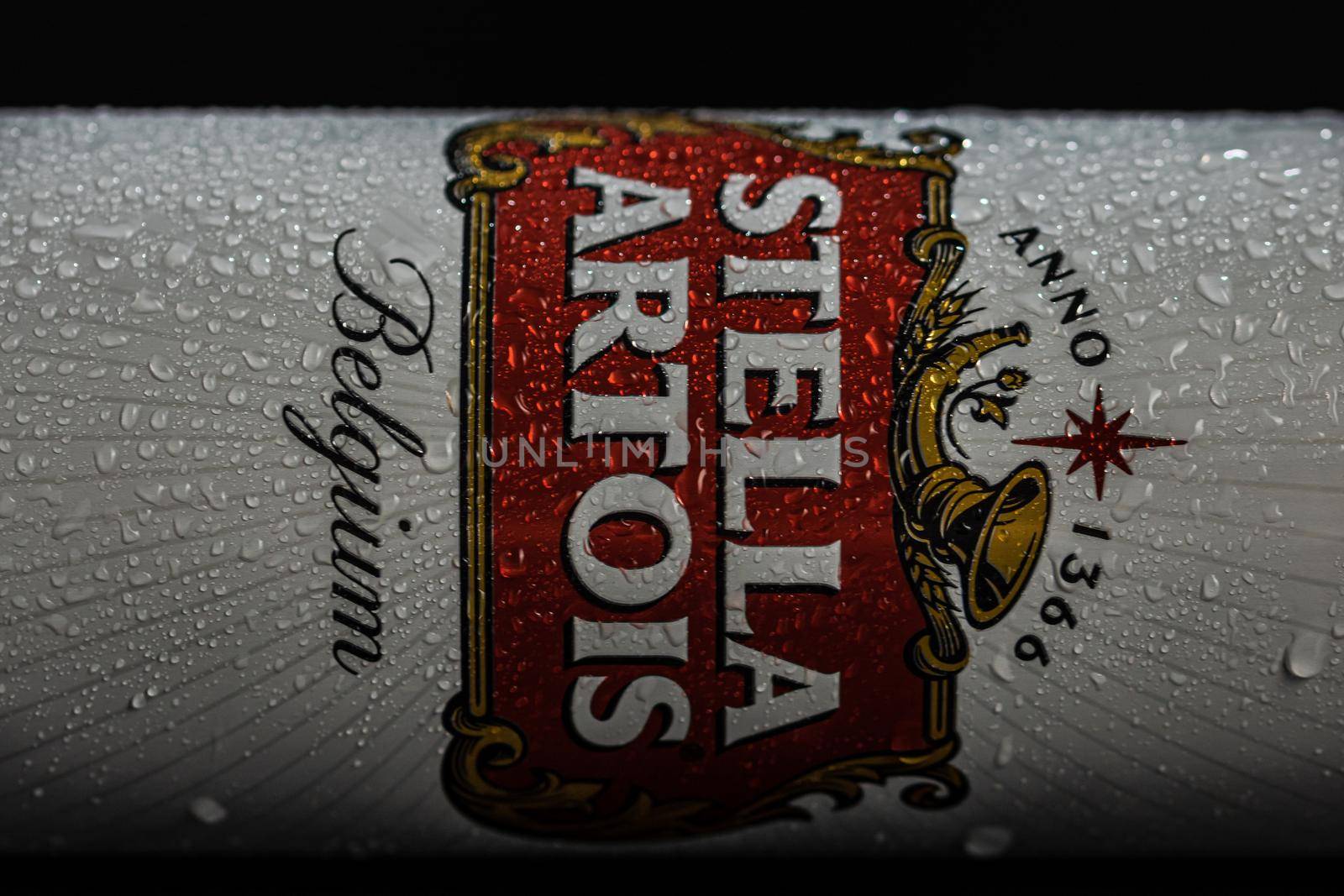 Condensation water droplets on Stella Artois beer can isolated on black. Bucharest, Romania, 2020 by vladispas