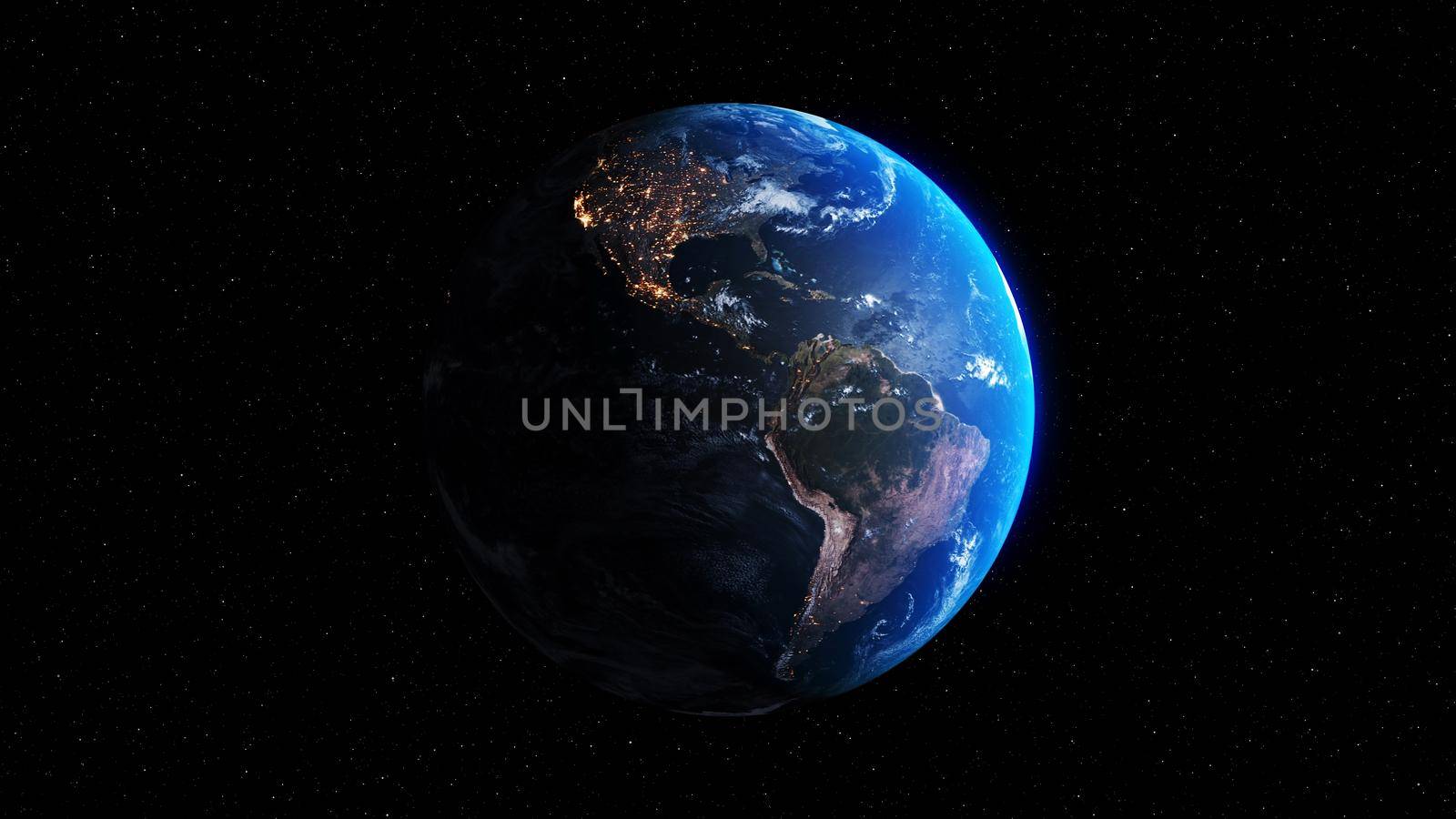 Planet earth with realistic geography surface and orbital 3D cloud atmosphere . Outer space view of world globe sphere of continents . 3D rendering graphic . Elements of this image furnished by NASA .