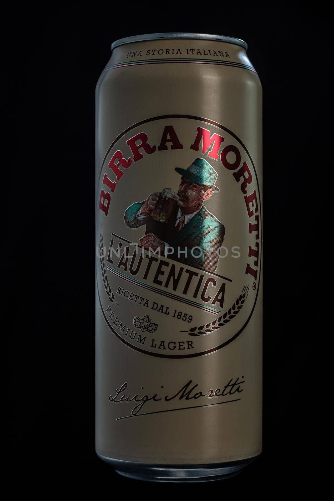 Birra Moretti, a premium lager beer produced by Italian brewing company now owned by Heineken International. Studio photo shoot in Bucharest, Romania, 2021 by vladispas